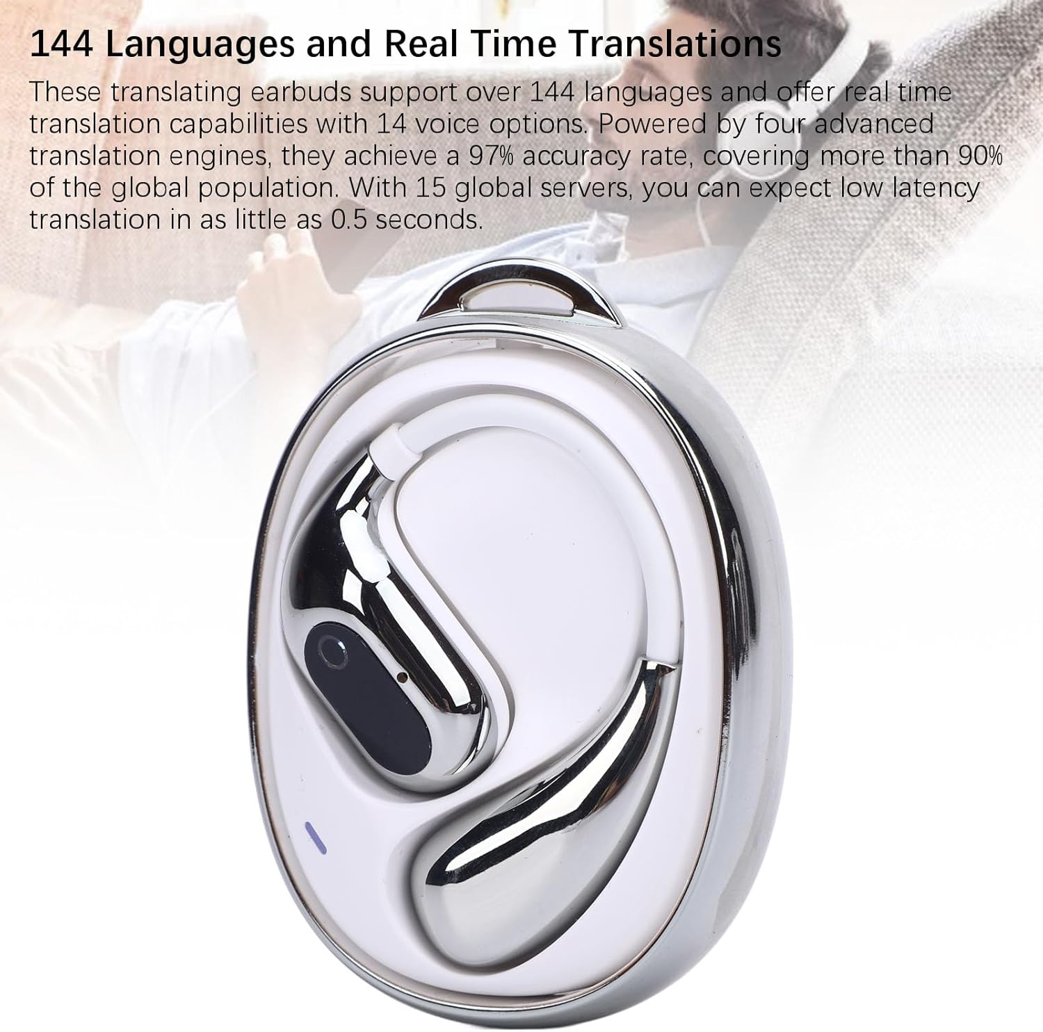 Jectse Translation Earbuds Supporting 144 Languages Real Time Translation for Travel Business, Hifi Stereo Sound Earphones (White Silver) image number 6