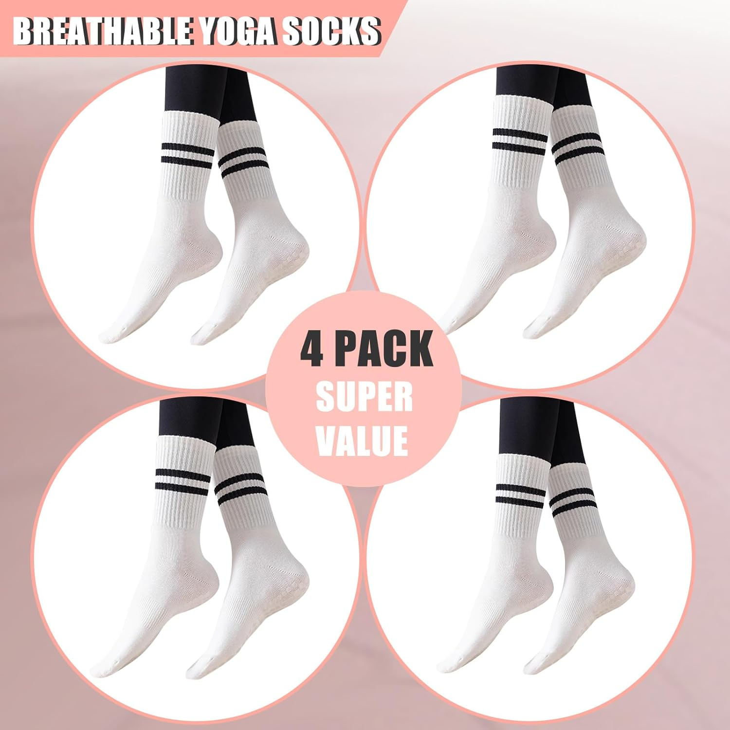 4 Pairs Yoga Grip Socks, Non Slip Pilates Socks Ladies Mid-Calf Pilates Grip Sock, Breathable Cotton Yoga Socks for Gym, Dance, Training, Barre, Fitness, Workout, Wooden Floor image number 5