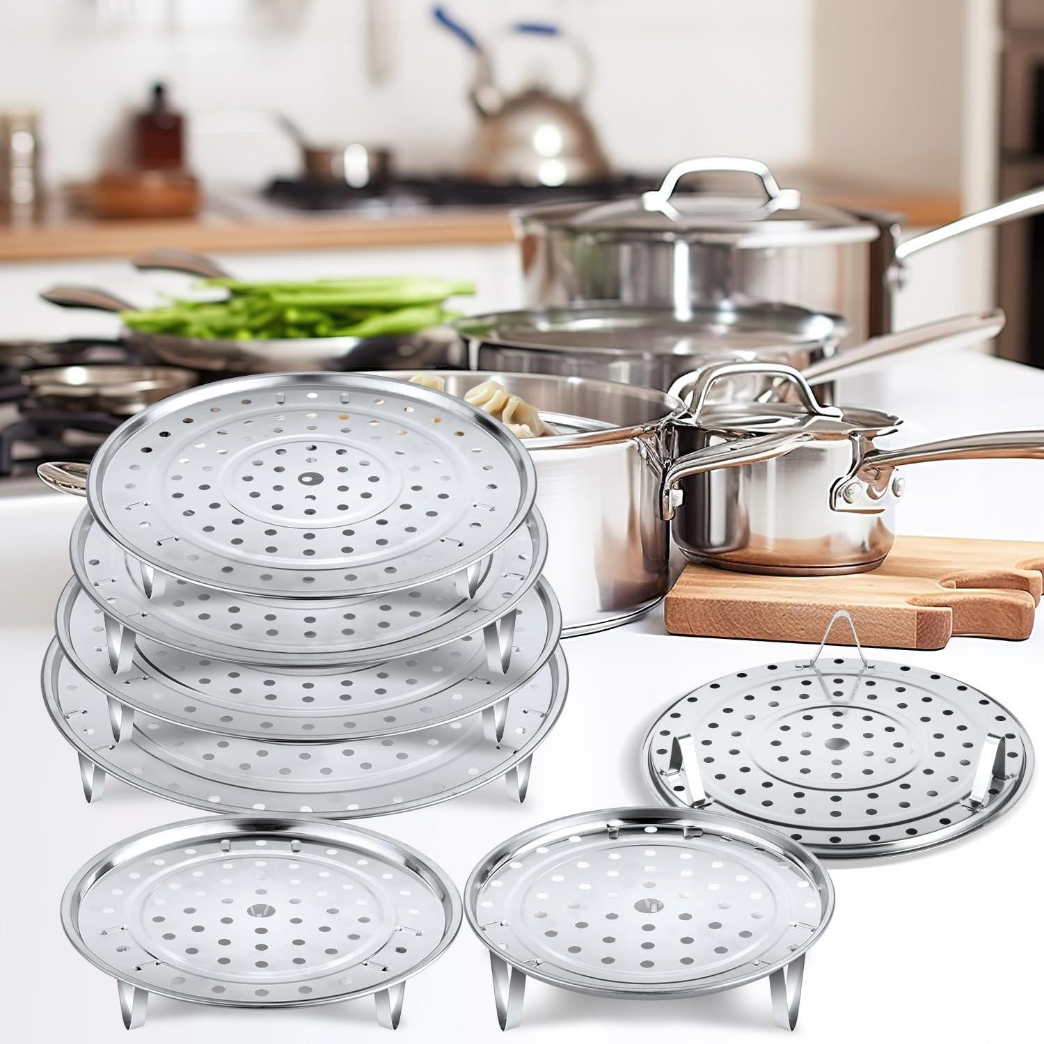 7Pcs Steamer Baskets, Stainless Steel Baking Cooling Steaming Rack round Pot Cooking Rack Stand Holder Multi-Purpose Removable Steam Tray for Air Fryer Instant Pots Cookware Food (7 Sizes, Silver) image number 3