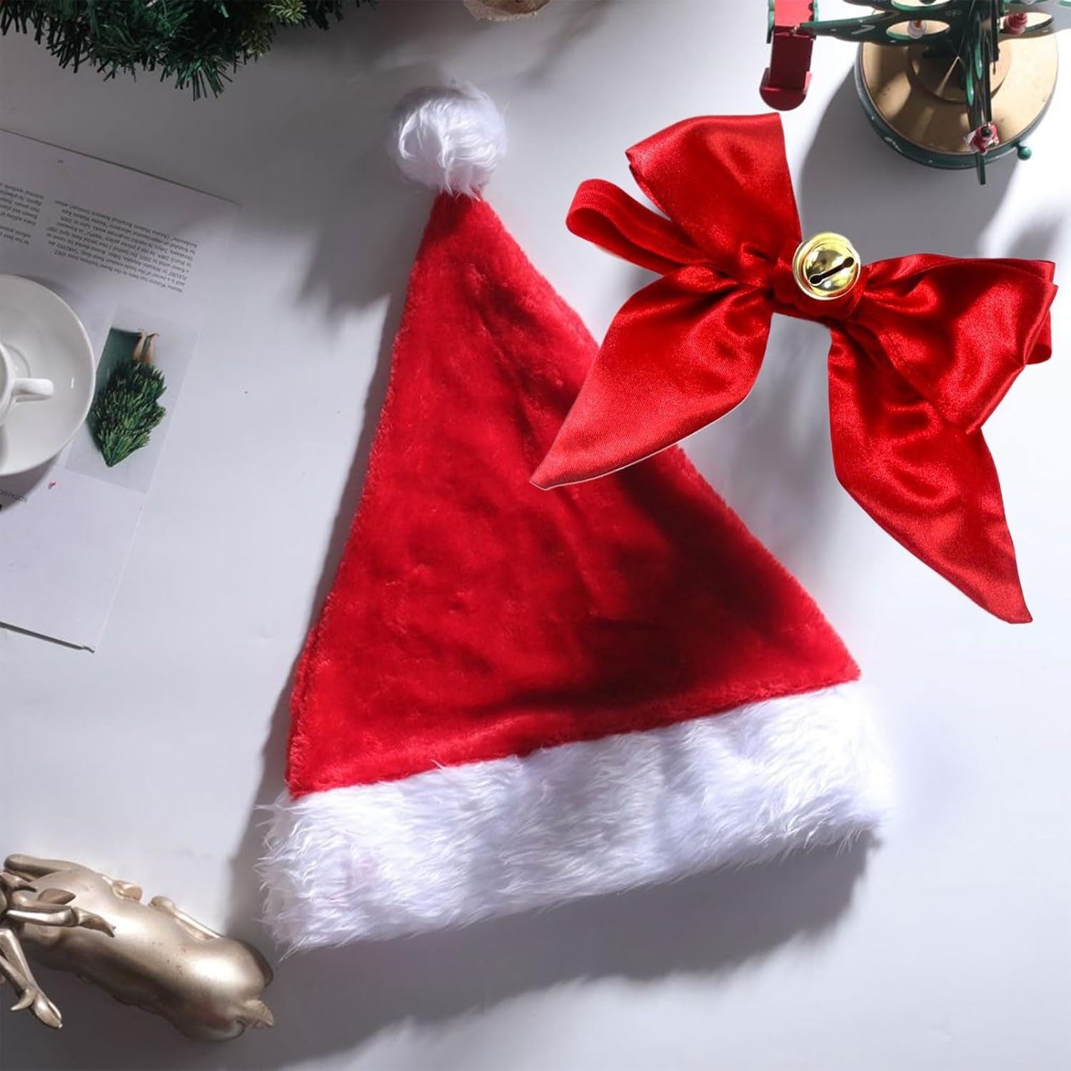 Pack of 2 Christmas Dog Costume, Cat Costume, Christmas Hats for Cats, Christmas Pet Collar, Dogs Cats, Christmas Hats and Bow Tie Collar, for Pets, Red image number 5