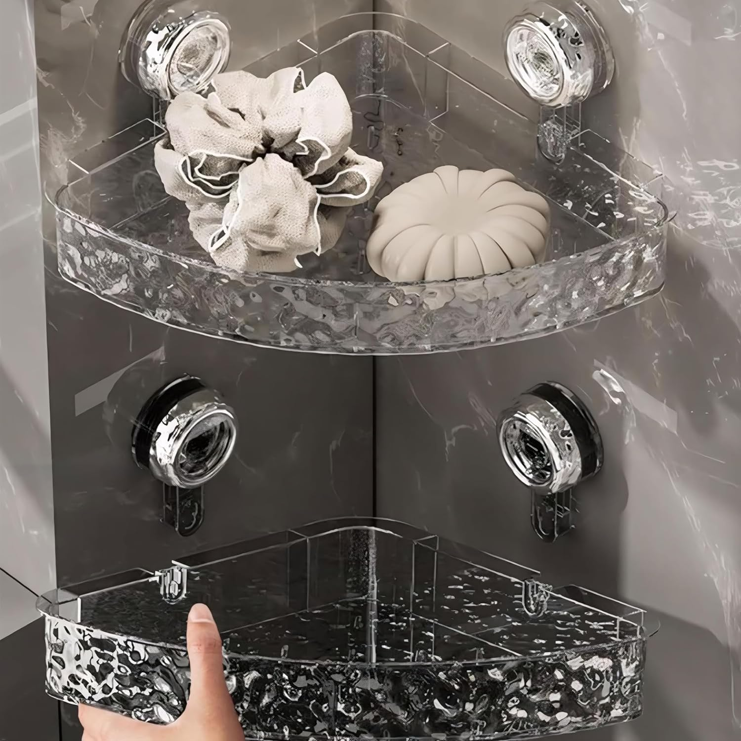 SESLEL Suction Cup Shower Caddy Bathroom Shelf, No-Drill Wall-Mounted Storage Rack, Removable Corrugated Organizer for Bathroom and Kitchen(White Corner)