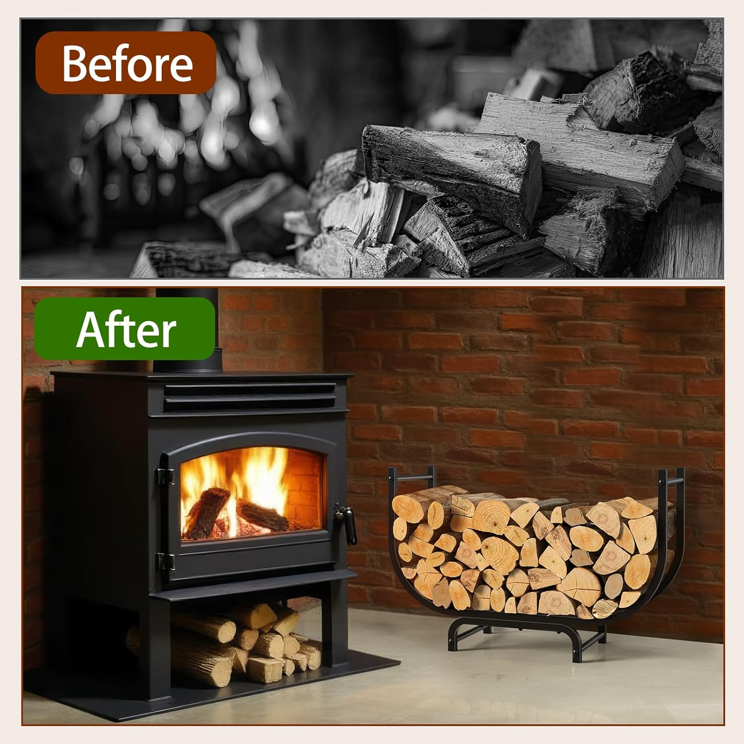 LIANTRAL 31.5 Inch Firewood Rack Outdoor Indoor, Curved Metal Wood Rack Heavy Duty Log Holder for Firewood Storage Holder Stand Wood Pile Storage Rack for Fireplace, Black