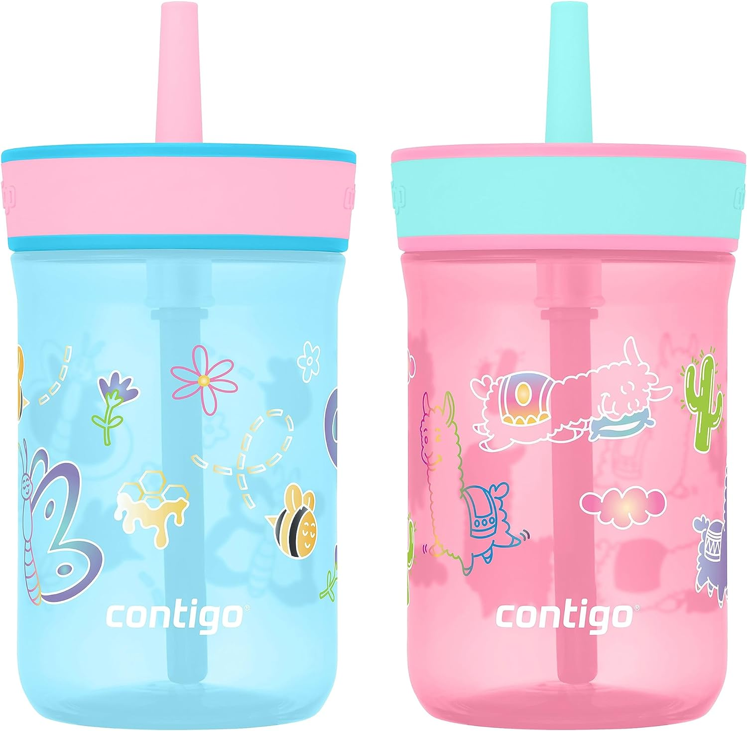 Contigo Leighton Kids Plastic Water Bottle, Spill-Proof Tumbler with Straw for Kids, Dishwasher Safe, 14Oz 2-Pack, Blue Raspberry/Butterflies & Azalea/Llamas