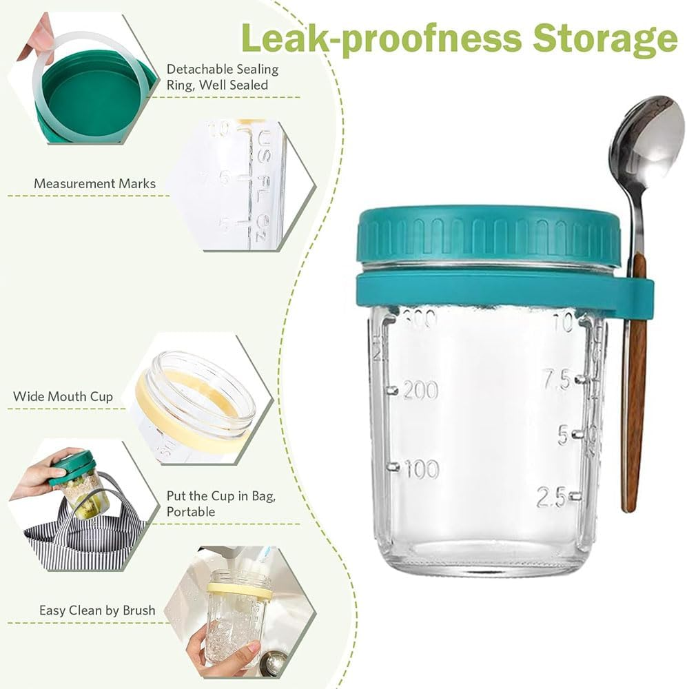 Aufondof 2 Pack Overnight Oats Containers with Lids and Spoons,14 Oz/400Ml Glass Mason Jars for Overnight Oats Airtight Jars Leak Proof Oatmeal Container Meal Prep Jar for Yogurt,Milk,Fuirt,Salad image number 2