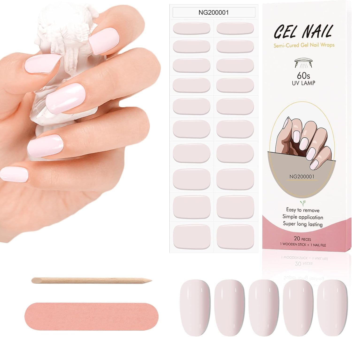 EBANKU 20PCS Gel Nails Polish Strips, Adhesive Full Wrap Nails Art Sticker, Waterproof Nail Wrap Stickers with File and Stick（Uv/Led Lamp Required）