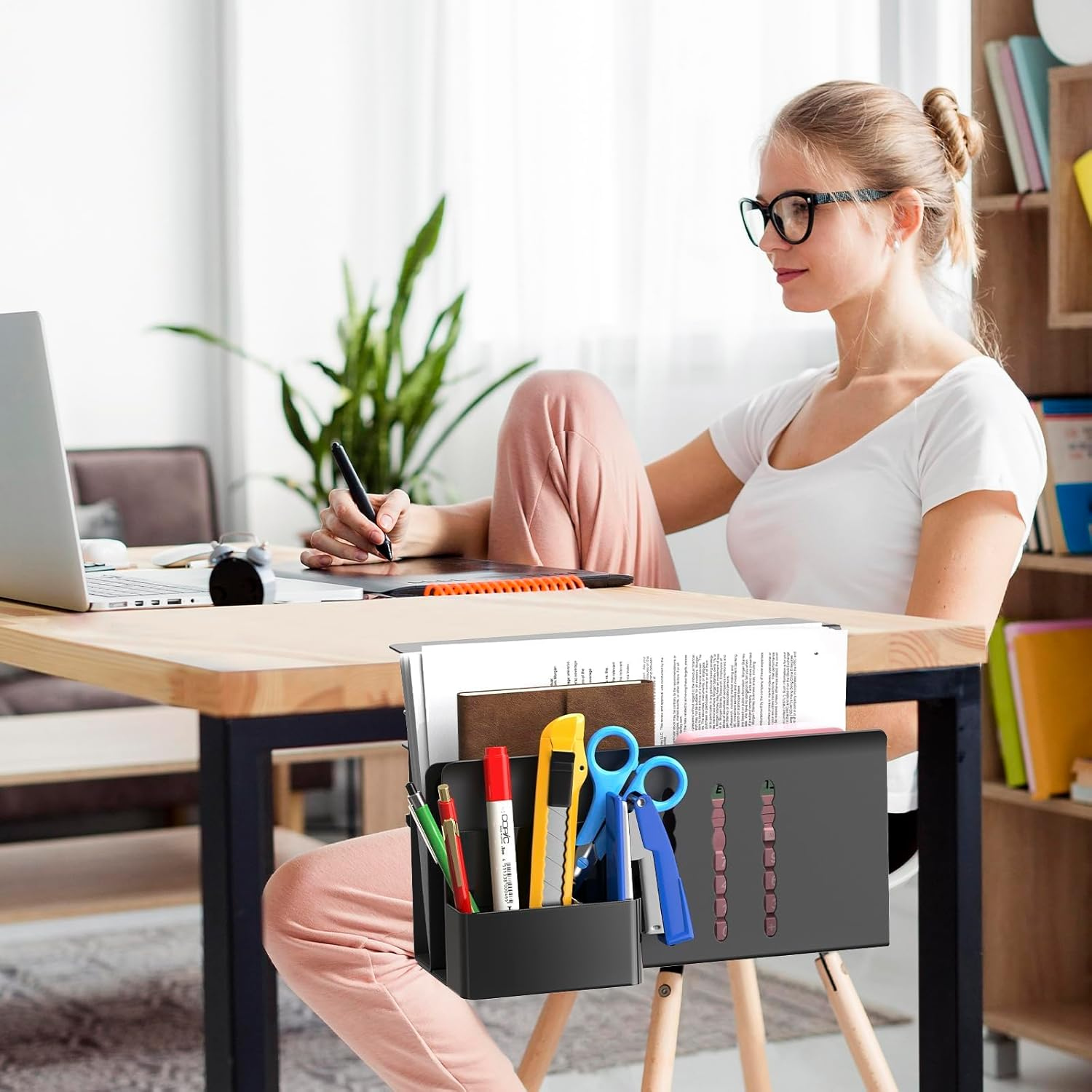 Desk Side Storage, 2 Tier Steel Hanging Desk Organizer with Magnetic Pen Holder, No Drilling Standing Desk Drawer Cable Management Tray, under Desk Laptop Holder for Office, School, Home (Black) image number 2