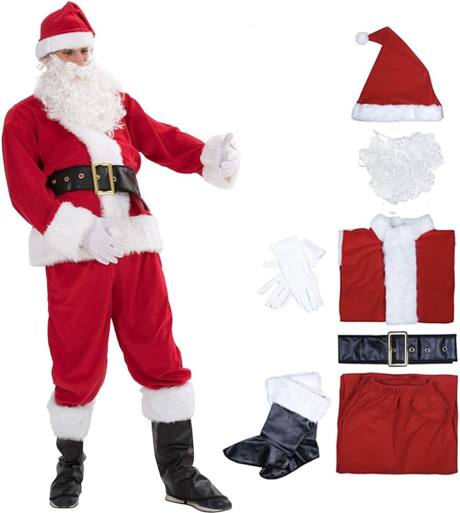 Ricjurzzty 7PCS Christmas Santa Claus Costumes for Men Santa Suit with Beards Hat Boots Christmas Santa Outfit Set for Men Adults for Christmas Party Holiday image number 3