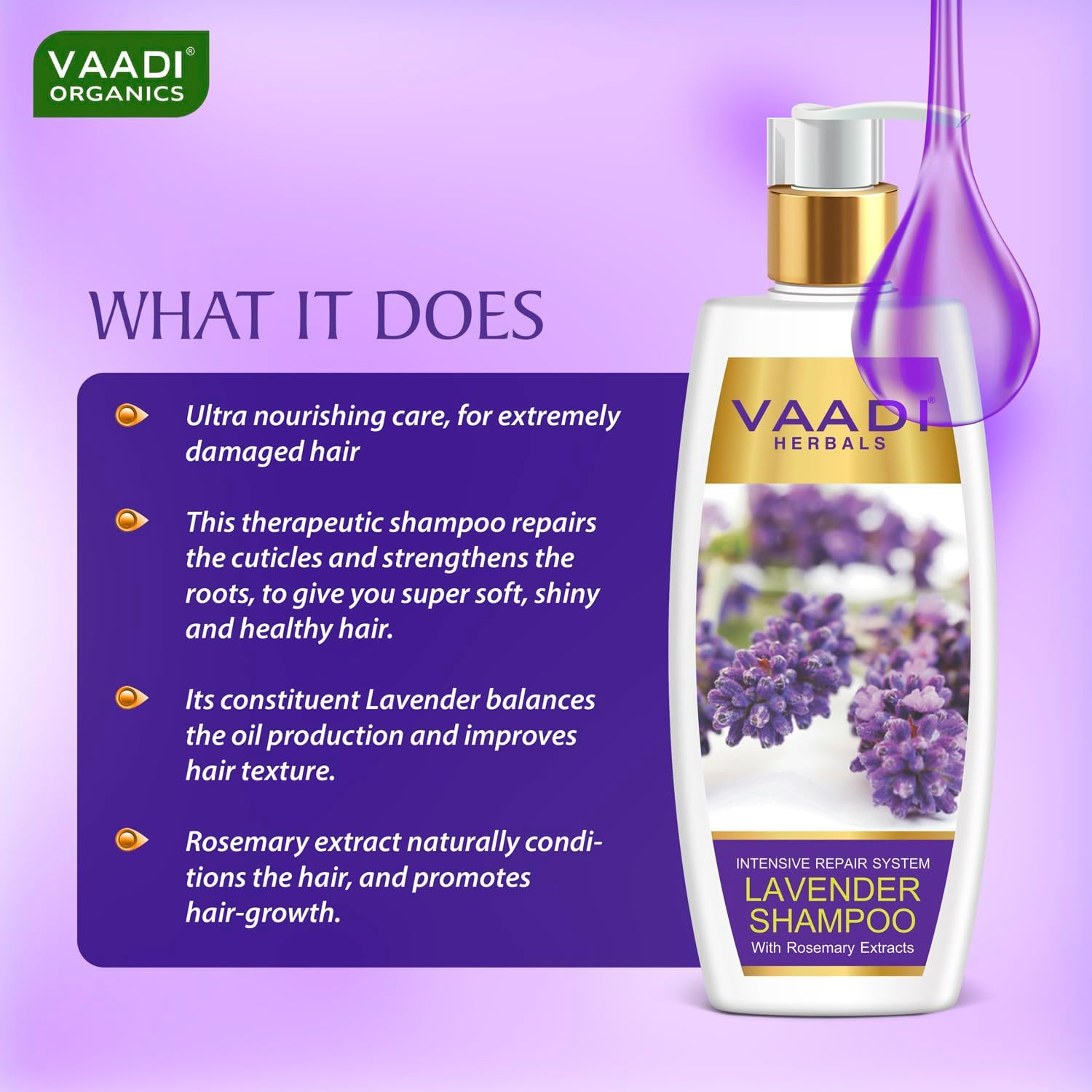 Vaadi Herbals Organic Shampoo Lavender Shampoo with Rosemary Extract-Intensive Repair System - ANTI-DANDRUFF SHAMPOO - Hair Fall and Damage Control Shampoo - All Natural Herbal Shampoo - Paraben Free - Sulfate Free - Scalp Therapy - Moisture Therapy - All Hair Types - 350 Ml image number 1