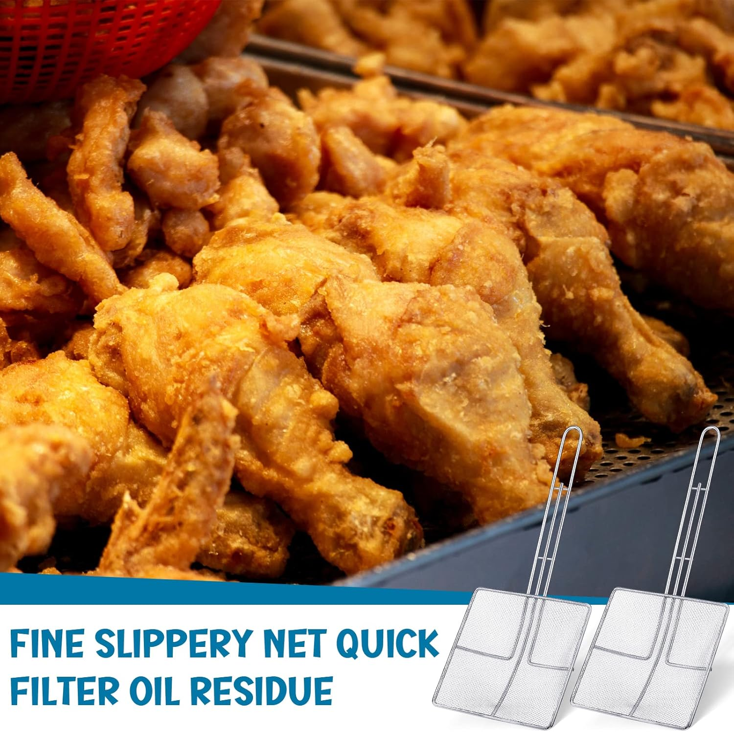 Mumufy 2 Pcs Square Fine Mesh Skimmer Spider Strainer Oil Skimmer for Deep Fryer Frying Scoop Stainless Steel Spider Strainer with Long Handle for Kitchen Swimming Pools Fried Food (6.7 X 6.7 Inch) image number 5