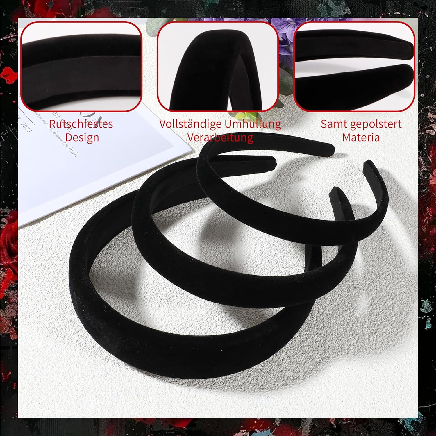 Esshogo Pack of 3 Velvet Headbands, Black, Satin Headbands, Padded Headbands, Padded Velvet Headband, Non-Slip Fashionable Hair Bands, Vintage Hair Accessories, Simple Headband for Girls image number 5