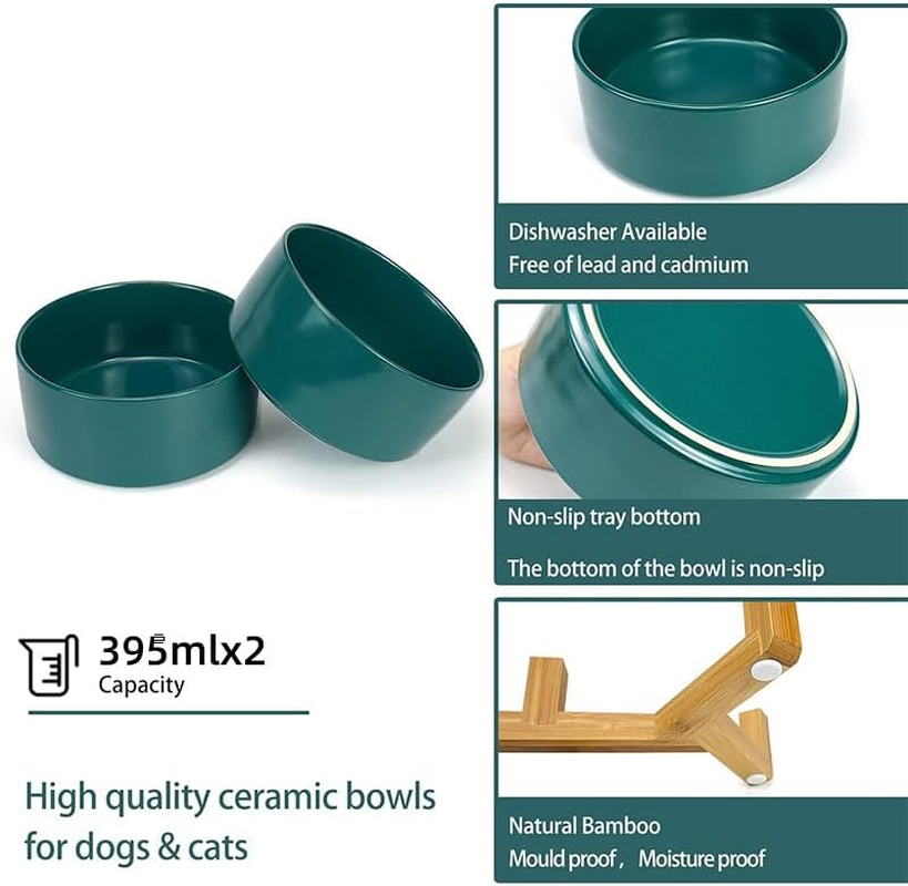 Jade Deals Ceramic Pet Bowl Double Cat Food Bowl Dog Water Bowl Feeding Drinking Bowl Set, 3.5&times;5.9In with 11.8In Bamboo Stand, Elevated Feeding/Drinking for Cats & Small Dogs