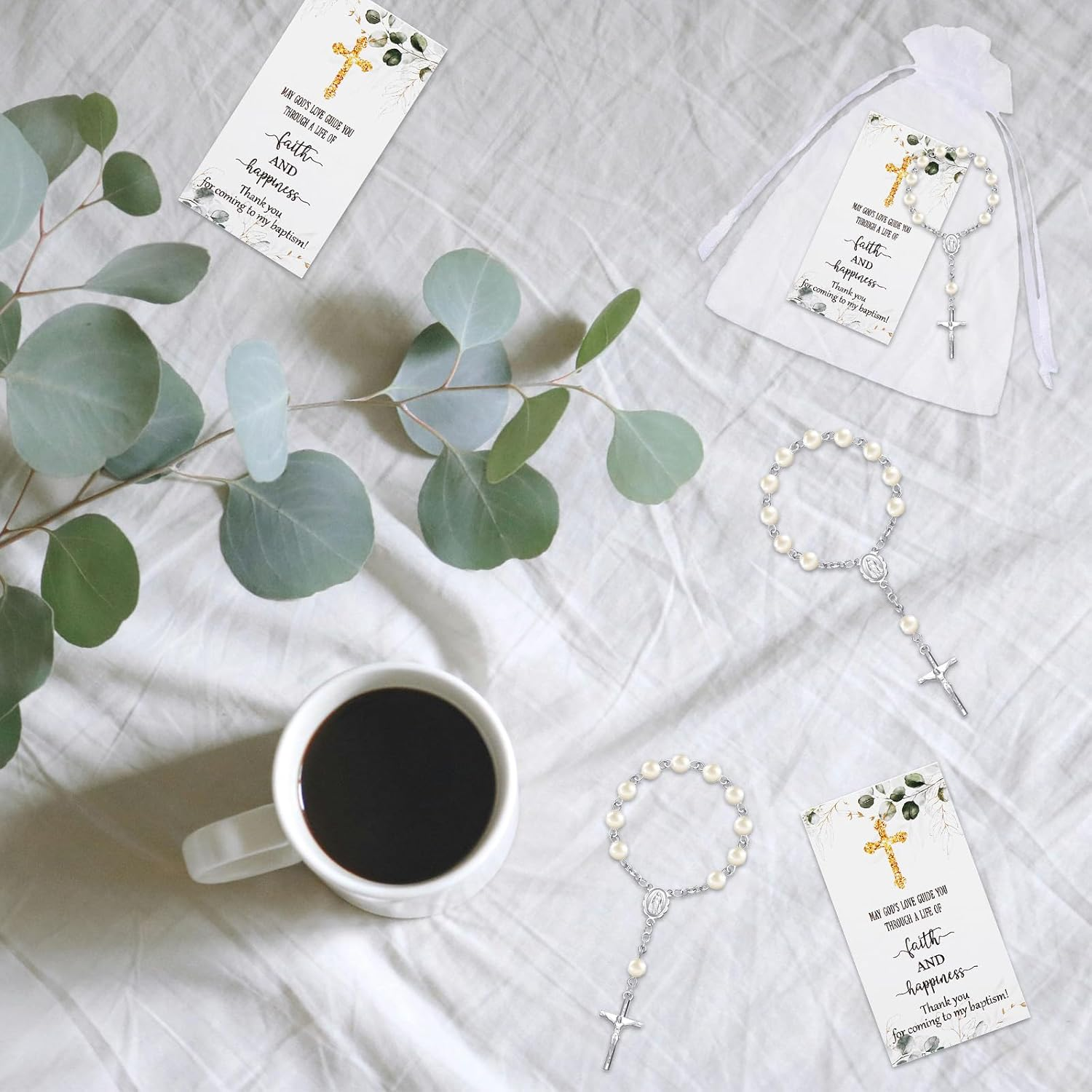 50 Sets Baptism Favors for Guests Acrylic Rosary Beads Faux Pearls Organza Gift Bags Thank You Cards Silver Angel Charm Keychain for Baptism Christening First Communion Party Supplies (Silver) image number 4