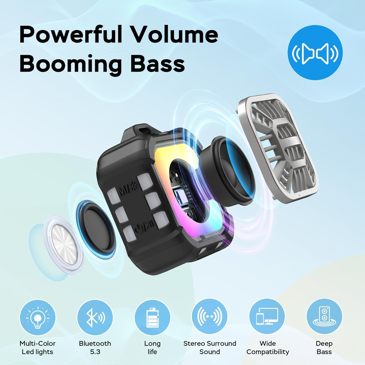 INSMY Shower Bluetooth Speaker, IP67 Waterproof Portable Small Wireless Link over 100+ Speakers, Big Volume Booming Bass, 24H Playtime/Floatable/Rgb Lights for Outdoor/Kayak/Beach/Golf (Black) image number 1