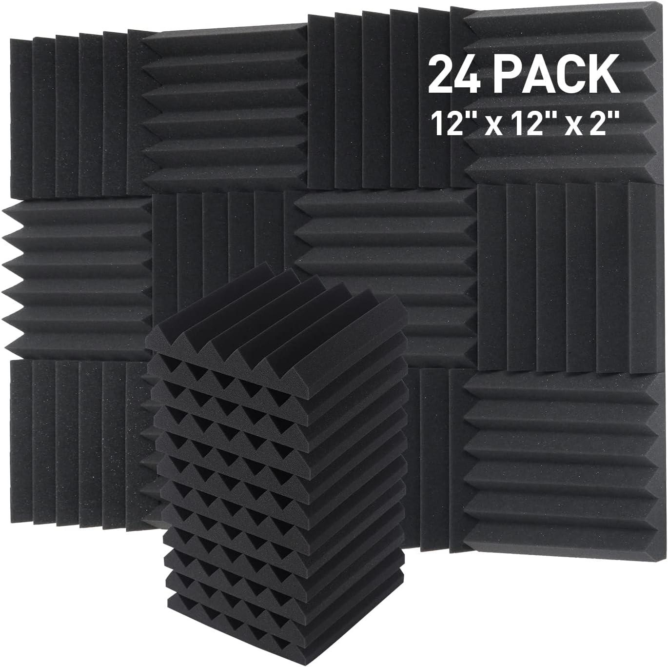 24 Pack Sound Proof Panels, Acoustic Foam Panels 12X12X2 Inches Black Acoustic Panels, High Density Soundproofing Panels, Fire-Retardant Sound Absorbing Foam for Studio Recording