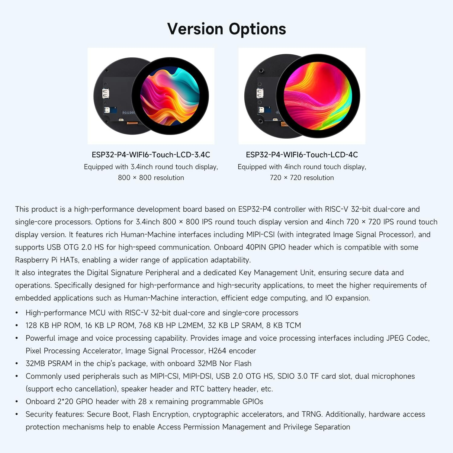 Waveshare ESP32-P4 4Inch Wi-F6 round Touch Display Development Board, 720 &times; 720, 170&deg; Viewing Angle, Optical Bonding Toughened Glass, Onboard Dual Microphones, Support Wi-Fi 6 / Blue-T 5 (LE) image number 3