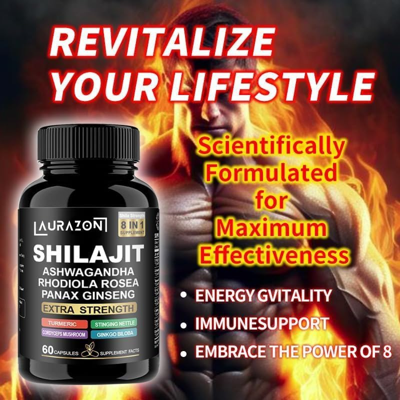 Aurazon Pure Himilayan Shilajit Enriched with Ashwagandha, Rhodiola Rosea & Panax Ginseng, High Strength 15250 Mg Shilajit Complex Capsules with 2 Months Supply for Both Men and Women image number 4