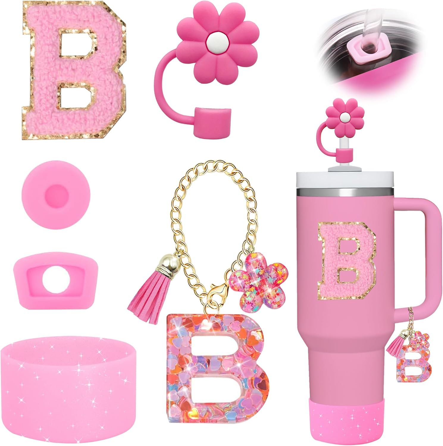 6PCS Cup Accessories Set for Stanley Cup 30Oz 40Oz Tumbler with Handle, Including Silicone Straw Topper Cover Cap and Boot, Spill Proof Stopper, Handle Charm, Initials Sticker(Pink) (Pink R)