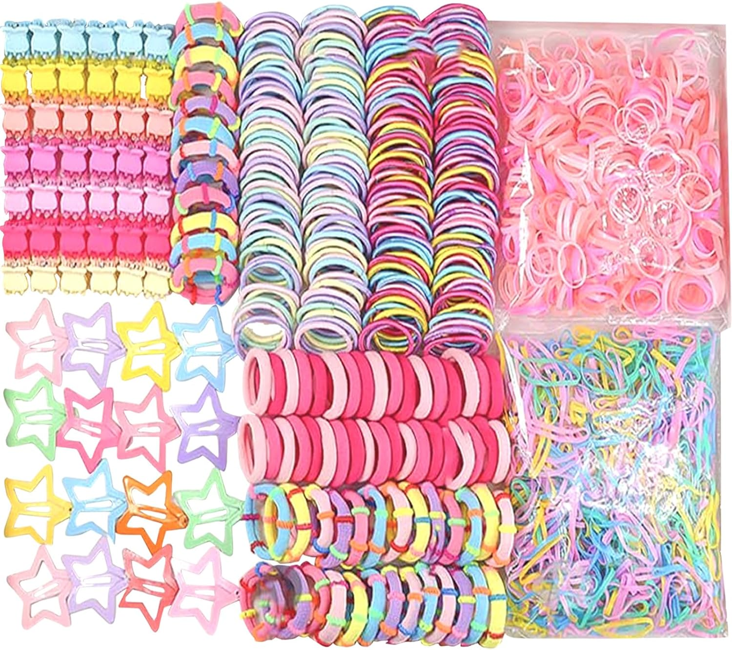 Jotia 875Pcs Hair Clips Accessories for Girls, Assorted Styles Mini Hair Clips Claws Elastic Hair Ties Ponytail Holders Hair Barrettes Rubber Bands Set Multicolored Star Clips