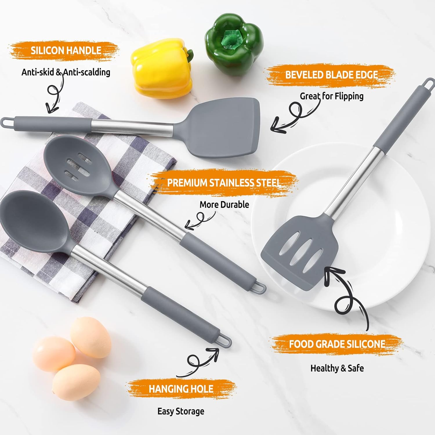 E-Far 4-Piece Silicone Cooking Utensils Set (Grey) image number 2