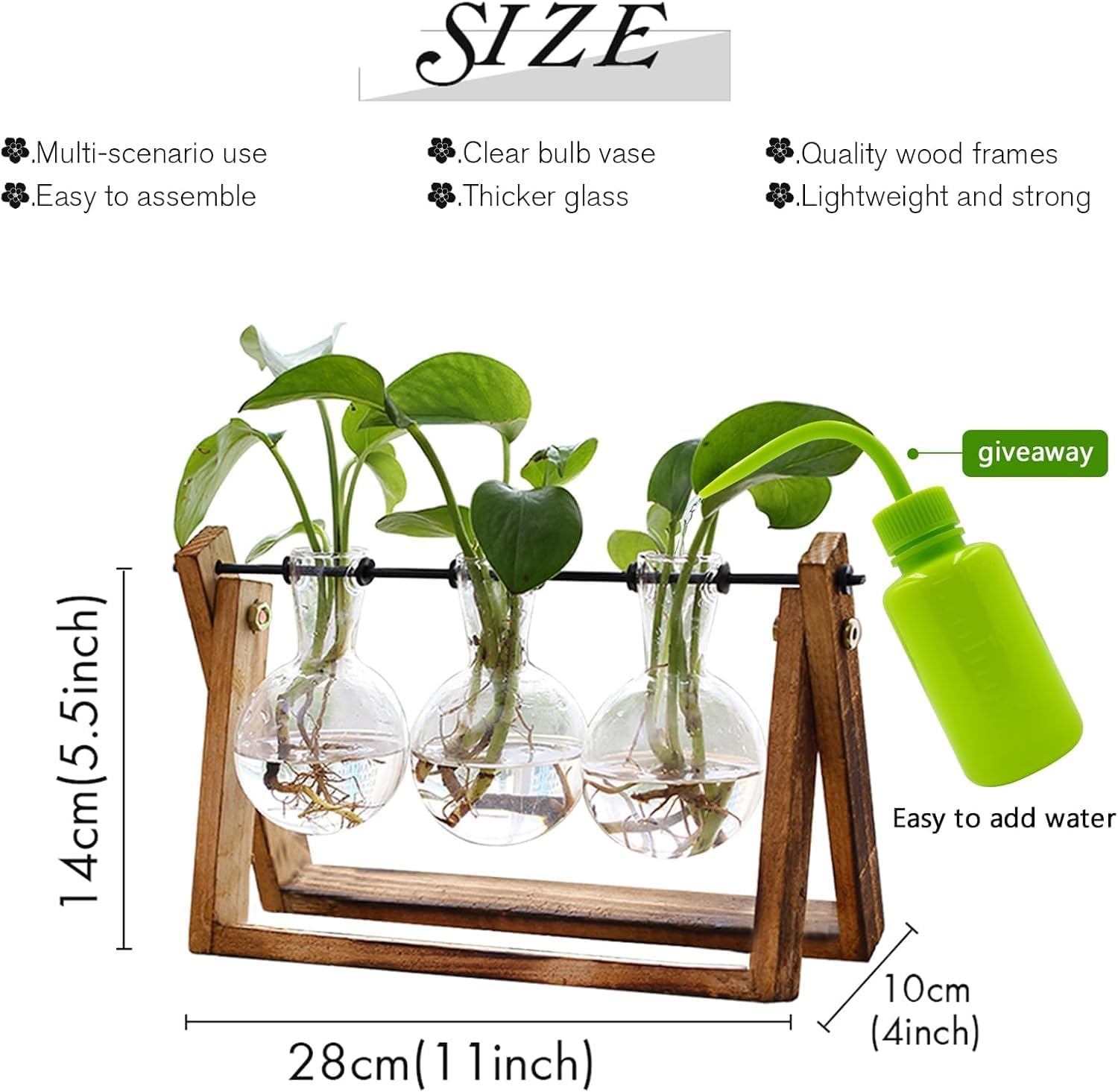 Plant Terrarium with Wooden Stand, 3 Bulb Vase Air Planter Bulb Glass Vase Metal Swivel Holder Retro Tabletop for Hydroponics Home Garden Office Decoration image number 4