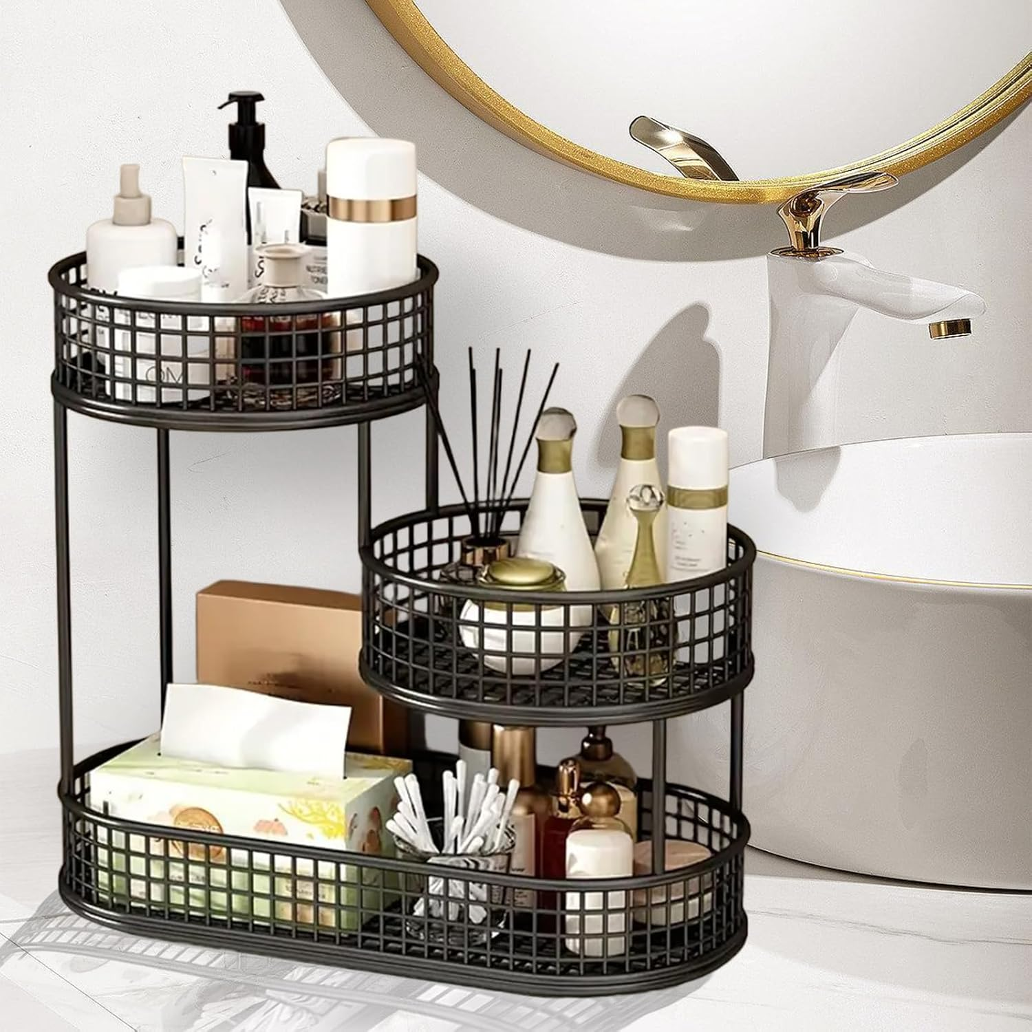 Fruit Basket, 3 Tier Countertop Metal Storage Basket,Layered Fruit Stand for Snacks,Kitchen Countertop,Food Storage Room,Fruits,Coffee,Pasta, Bathroom (Black) image number 5