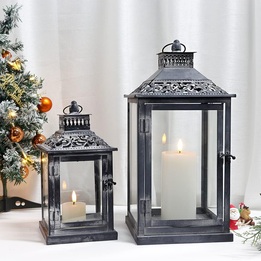 JHY Design Set of 2 Black with Grey Brush Decorative Lanterns, Metal Candle Lanterns for Indoor Outdoor, Events, Paritie and Weddings Vintage Style Hanging Lantern image number 3