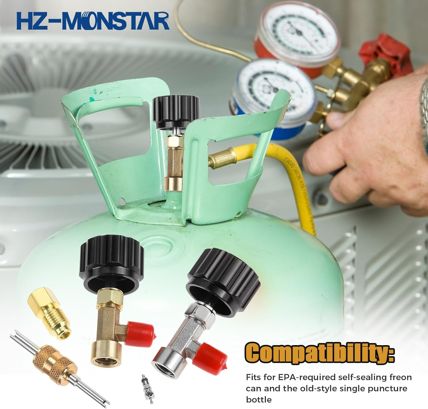 R134A Can Tap, Automotive R134A Self Sealing Can Tap, AC Puncture Freon Can Tap with Refrigerant Tank Adapters and Valve Core Removal Tool for Automotive AC Systems Refilling (Black) image number 2