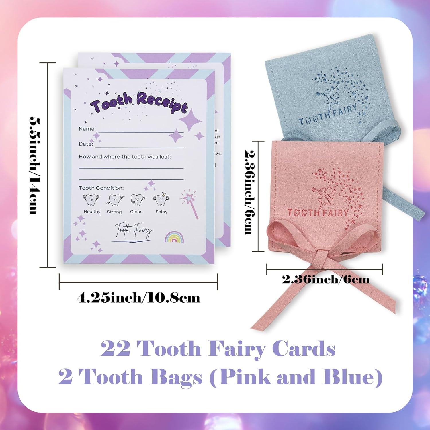 Tooth Fairy Paper Receipts (22 Pack) and 2 Tooth Pouches (Pink and Blue Each) for Kids, Lost Tooth Notes with Tooth Holders, Tooth Fairy Keepsake Kit, Lost Baby Teeth Storage