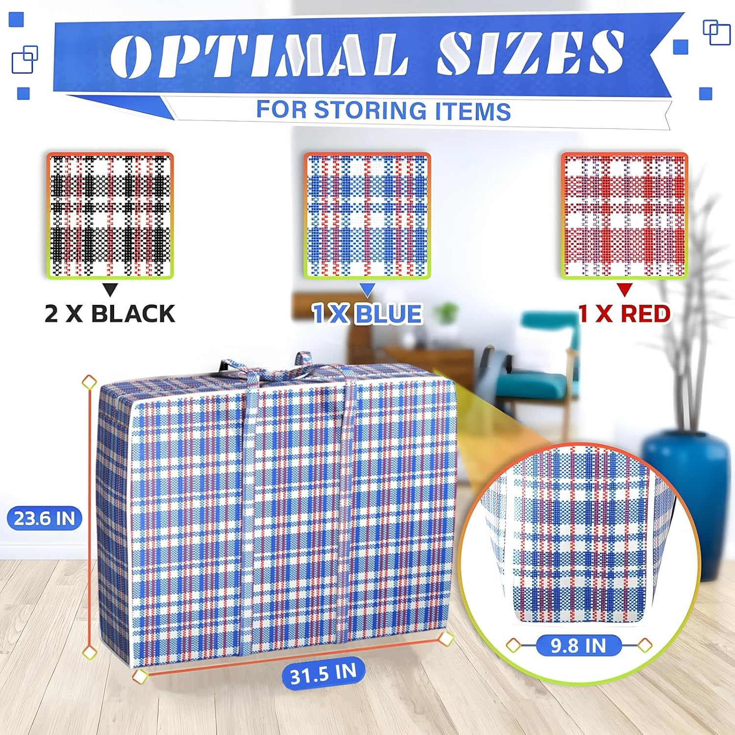 4Pcs Extra Large Laundry Bag with Handles,31.5 X 23.6 X 9.8 Inch Durable Moving Bags with Zippers,Checkered Travel Bags Reusable Organizer Bag for Storage of Clothes Bedding Duvets,Moving House