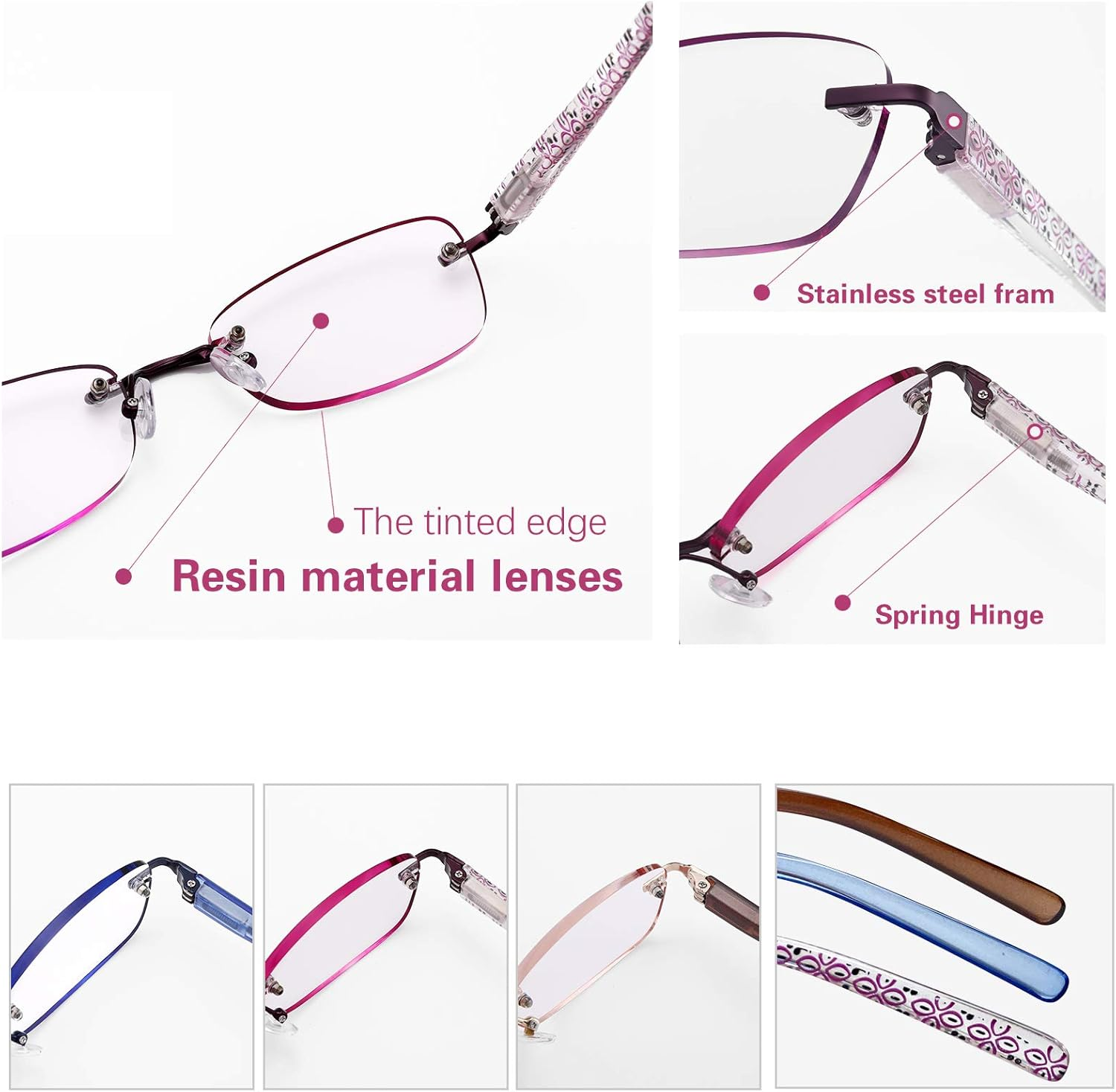 3-Pack Rimless Reading Glasses for Women over 35, UV 400 Spring Hinge Readers, Lightweight Classic Elegant Artistic Eyeglasses, Nonpres_ (Mix, 2.5 X Etc) image number 4