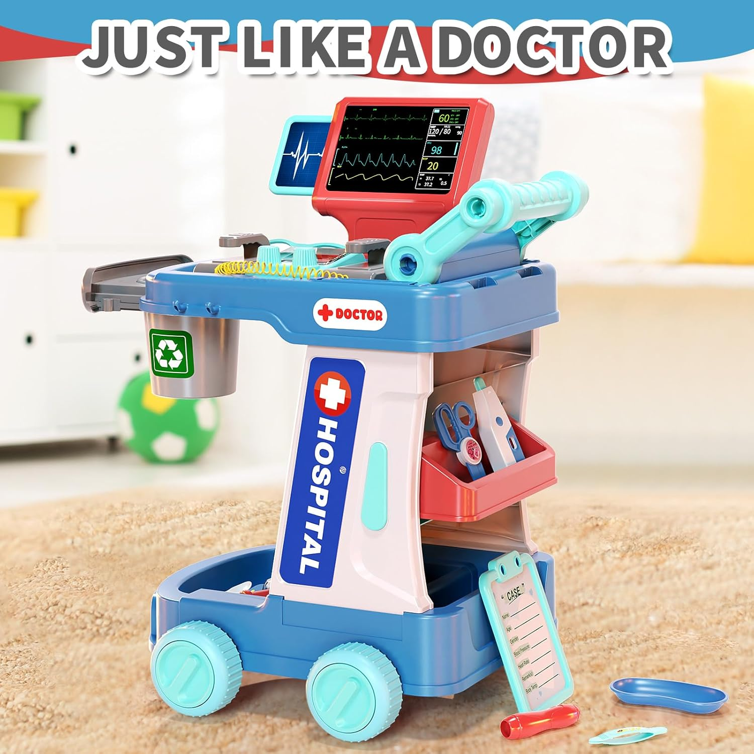 Doctor Kit for Kids, Pretend Doctor Playset for Toddlers with Cart, Costume and Stethoscope, Role Play Medical Toy for Girls Boys Toddlers 3-8 Birthday Gifts image number 6