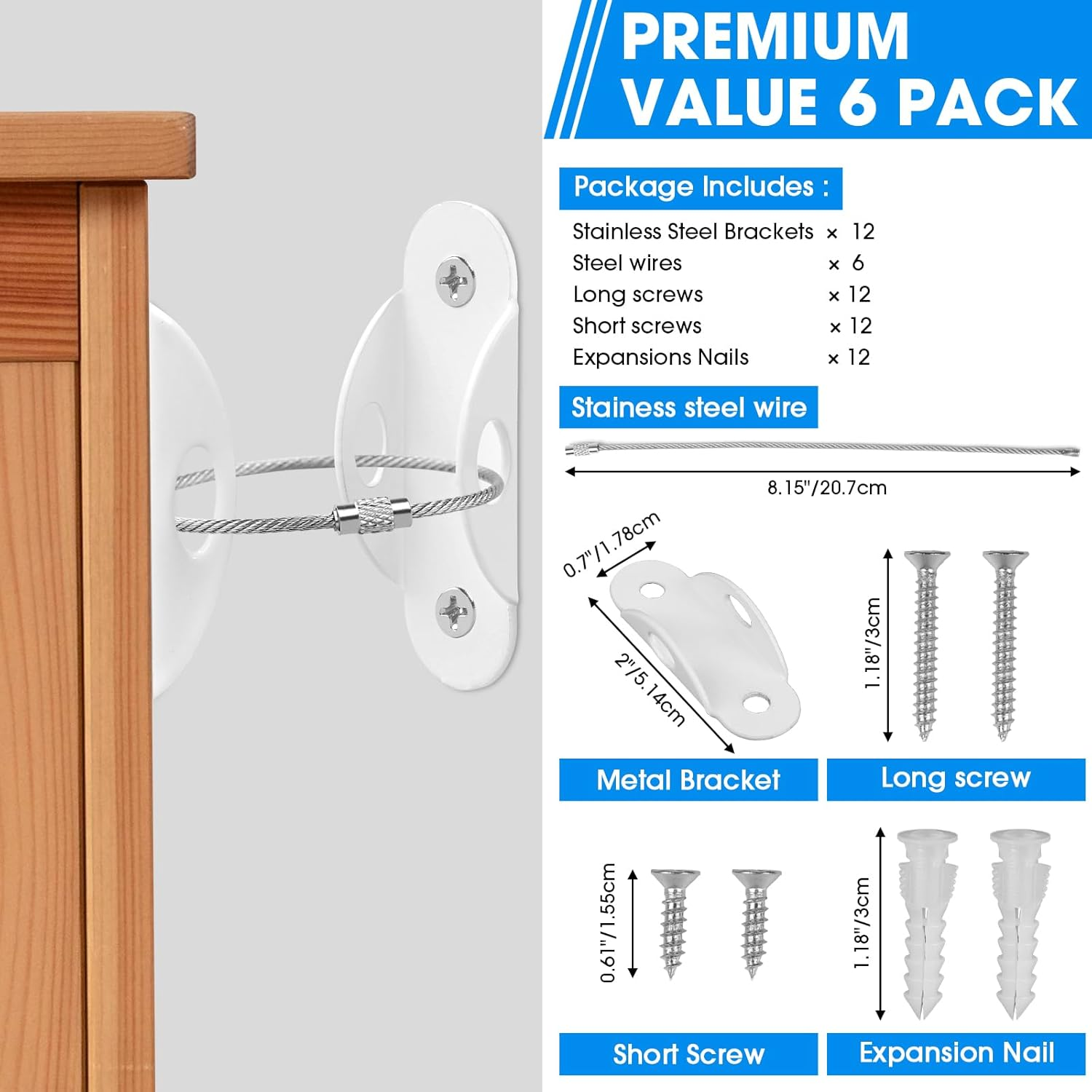 Guirnd 6 Pack Furniture Anchors, anti Tip Furniture Anchors for Baby Proofing, Metal Earthquake Straps Furniture Straps Wall Anchor for Dresser and Bookcase (White) image number 5