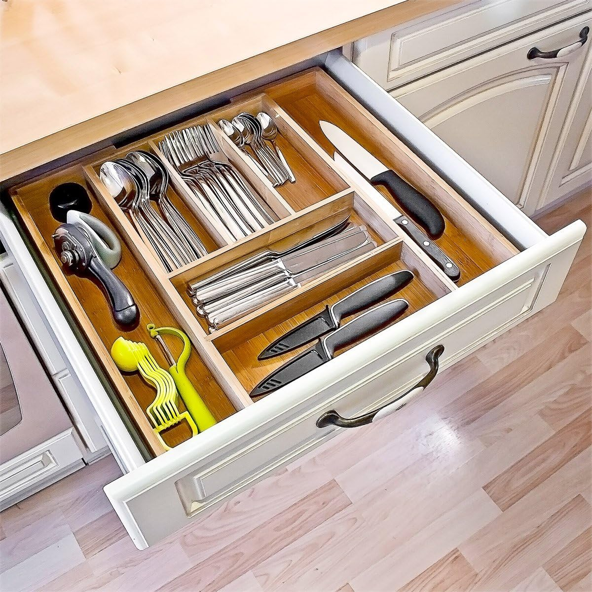 Relaxdays Adjustable Cutlery Tray H X W X D: Approx. 5 X 48 X 46 Cm Bamboo Drawer Insert with 5 to 7 Compartments as Cutlery Insert and Kitchen Organiser Large Cutlery Insert for Drawer Natural