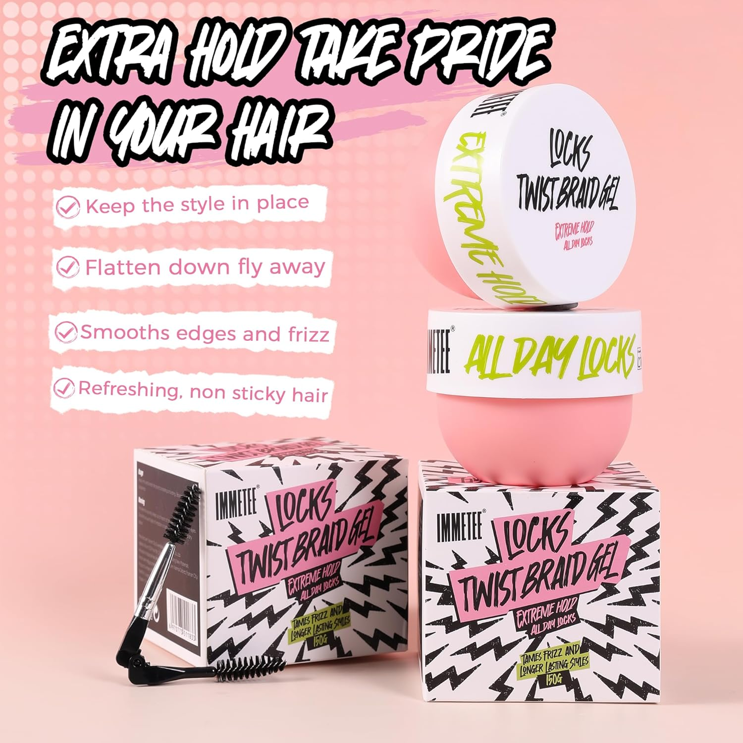 Immetee Lock and Twist Gel for Afro Hair, Extra Hold High Shine All Day Locks Braid Gel, 24H Edge Control Gels for French Braids with Brush,150G image number 1