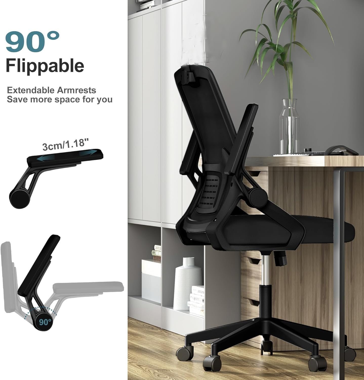 Ergonomic Office Chair, Comfy Swivel Mesh Chair Movable Cushion Lumbar Support Adjustable Armrests & Height Adjustment Desk Chair (Black) image number 5