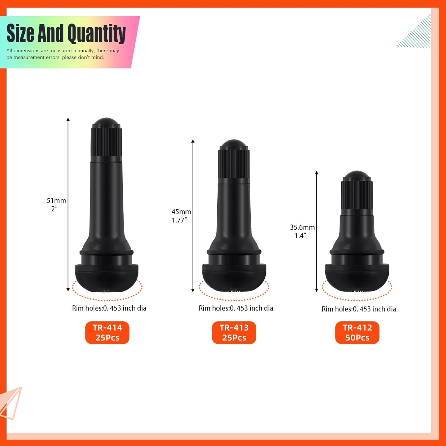 Tanstic 100Pcs Black Tire Valve Stems, Rubber Snap-In Valve Stem, Standard Length Replacement Tubeless Valve Stems for 0.453 Inch Rim Holes on Standard Vehicle Tires (TR412, TR413, TR414)