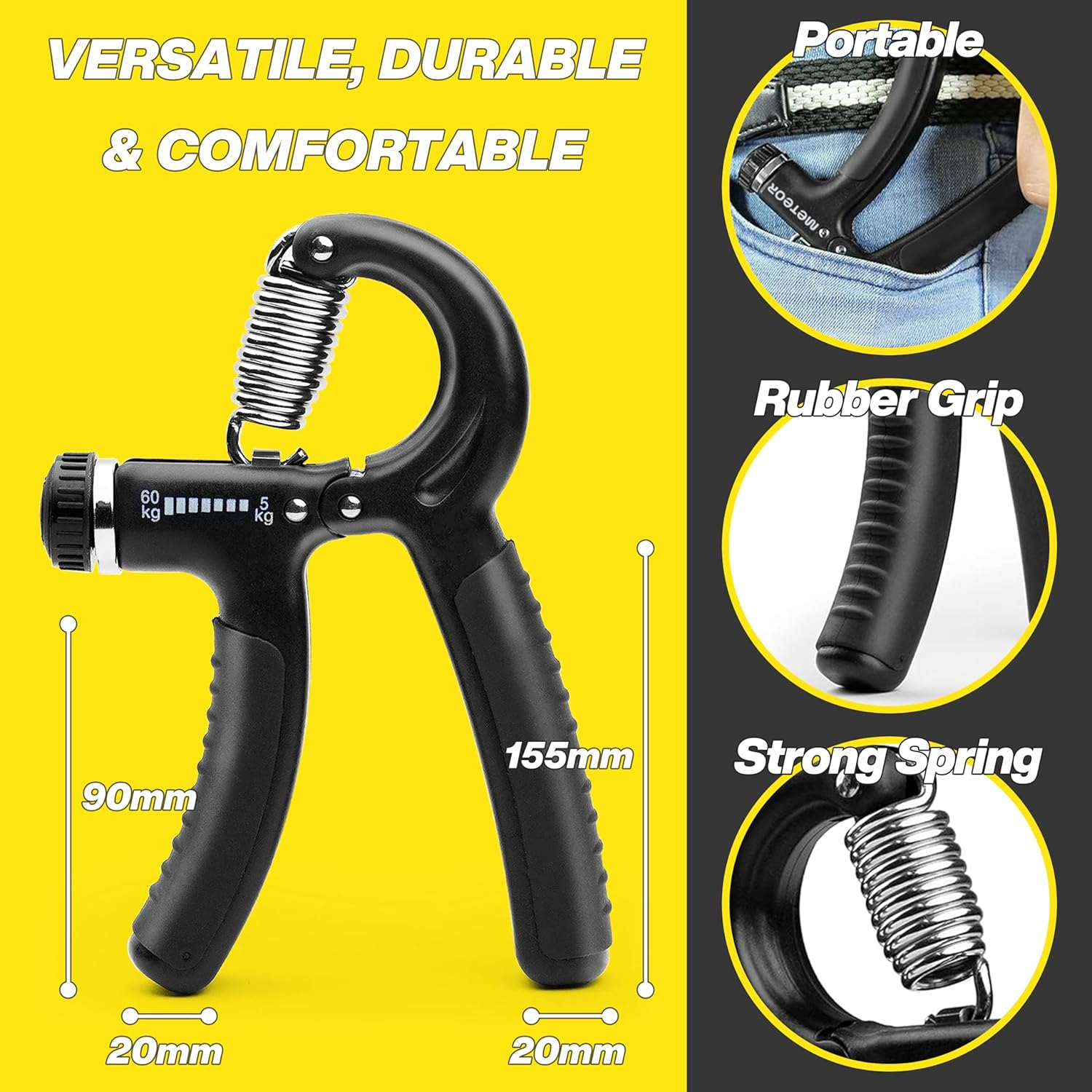 METEOR Hand Grip Strengtheners, Adjustable Gripster Trainer Set for Enhanced Grip Strength, Forearm Training, and Finger Flexibility (Black-Adjustable Grip Strenghtener) image number 2