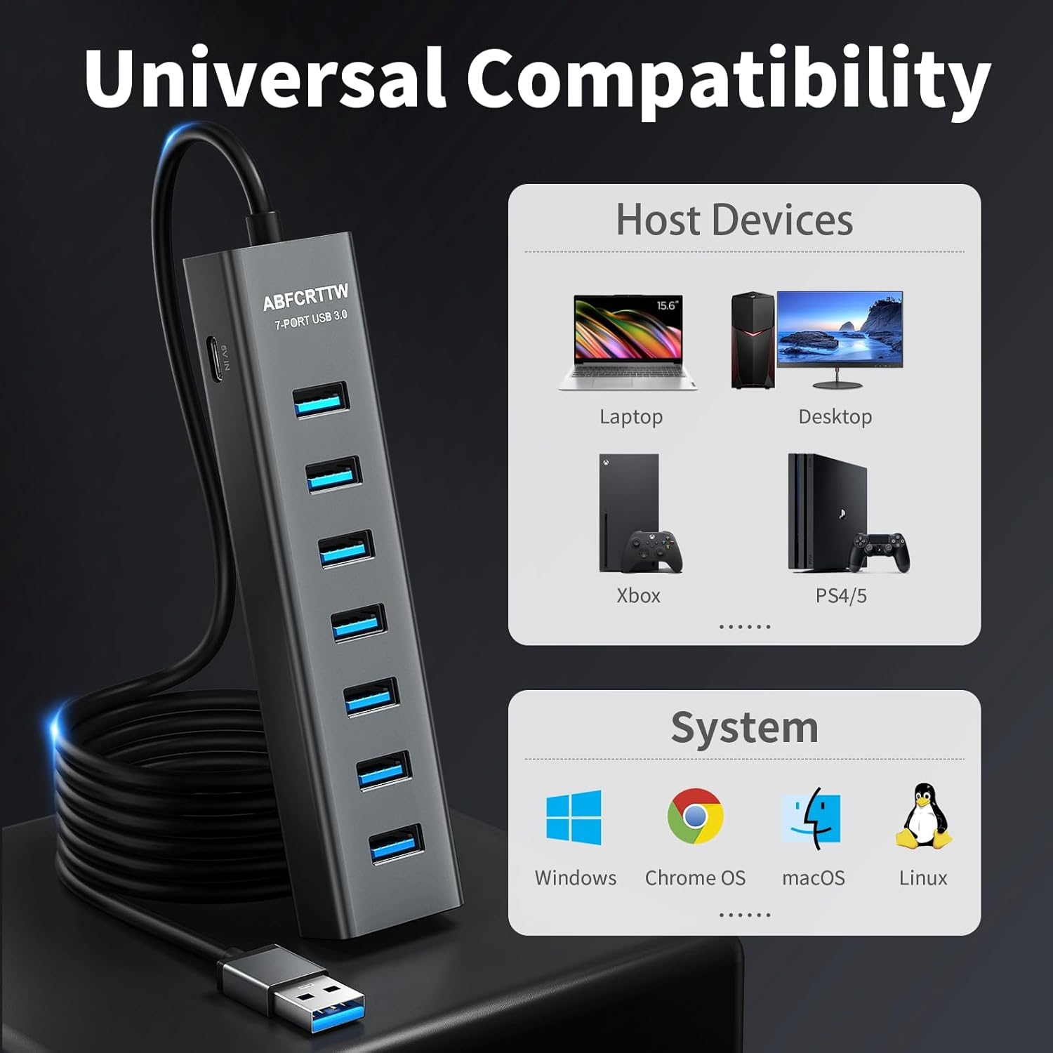 4Ft 7-Port USB Hub 3.0 for Desktop - Aluminium USB Extender Hub 5Gbps Multiport Adapter, USB Splitter, USB Hub Long Cable for Desktop, PC, Flash Drive, PSSD, Windows/Xps, 1.2M image number 5