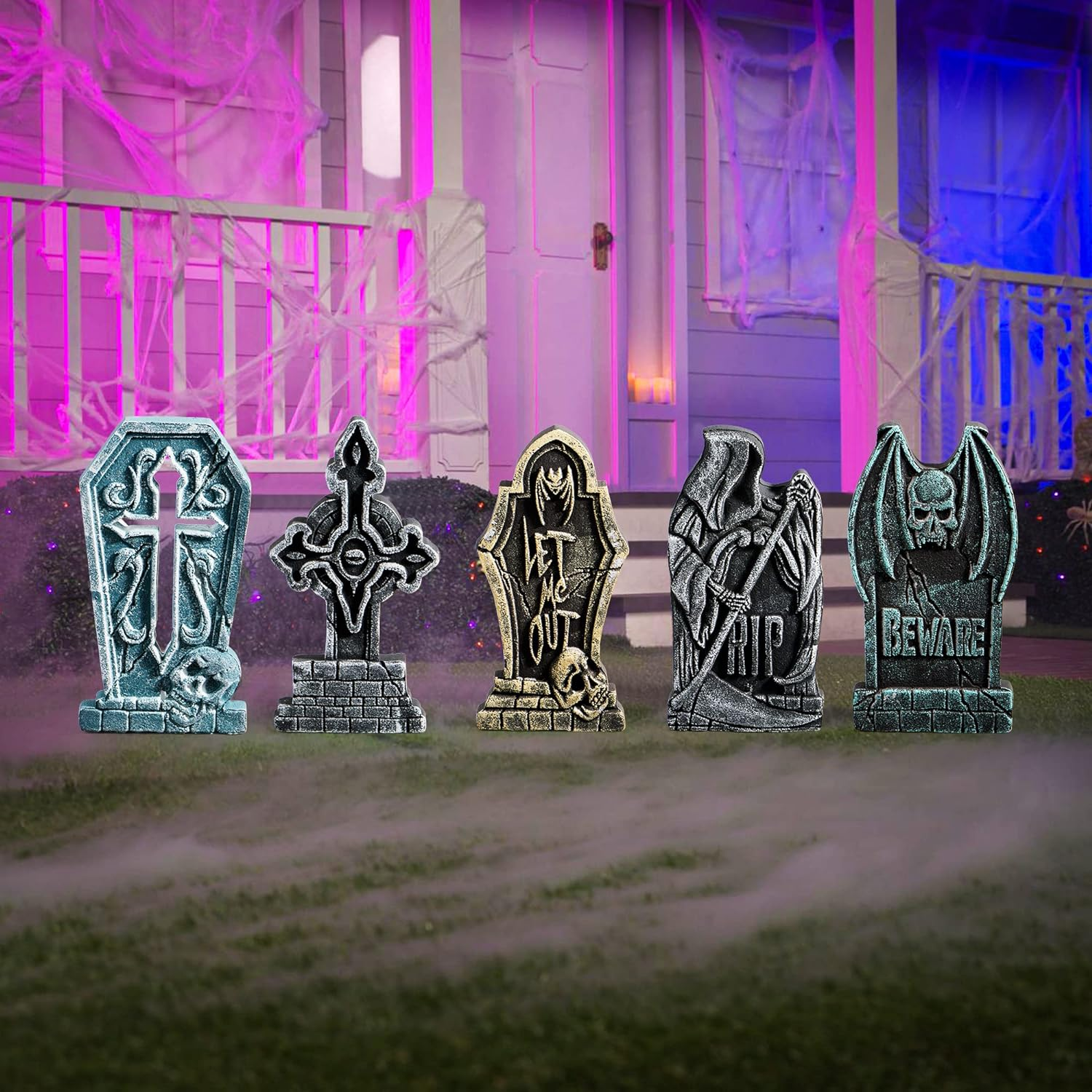 JOYIN 17&rdquo; Halloween Decorations Outdoor Tombstones, 5 Pack Halloween Foam Graveyard Headstone Decorations with 12 Bonus Metal Stakes for Yard Lawn outside Decor image number 2