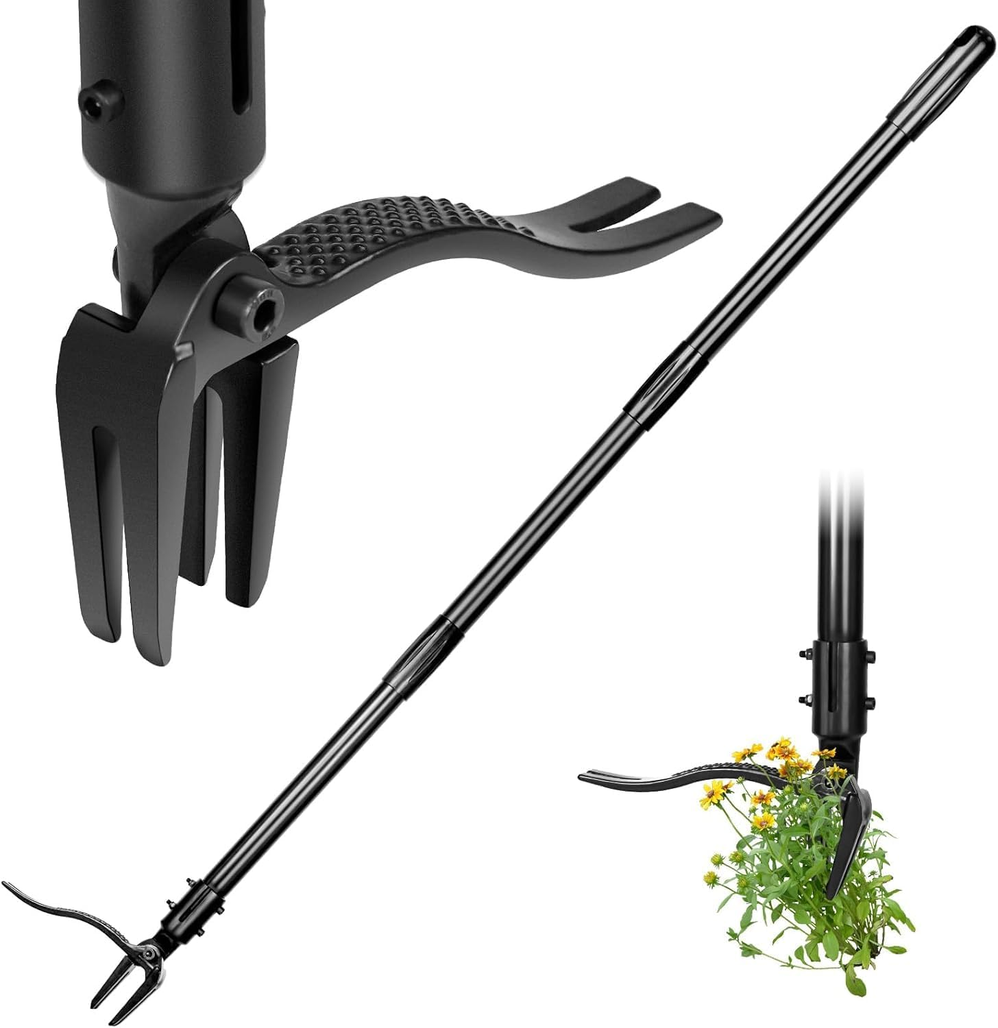 Weed Puller Tool for Garden Weed Digging Tools Weed Puller with 50" Long Handle 3 Section 4 Claw Head Design for Stand up Suitable for People of Different Height Garden Tools