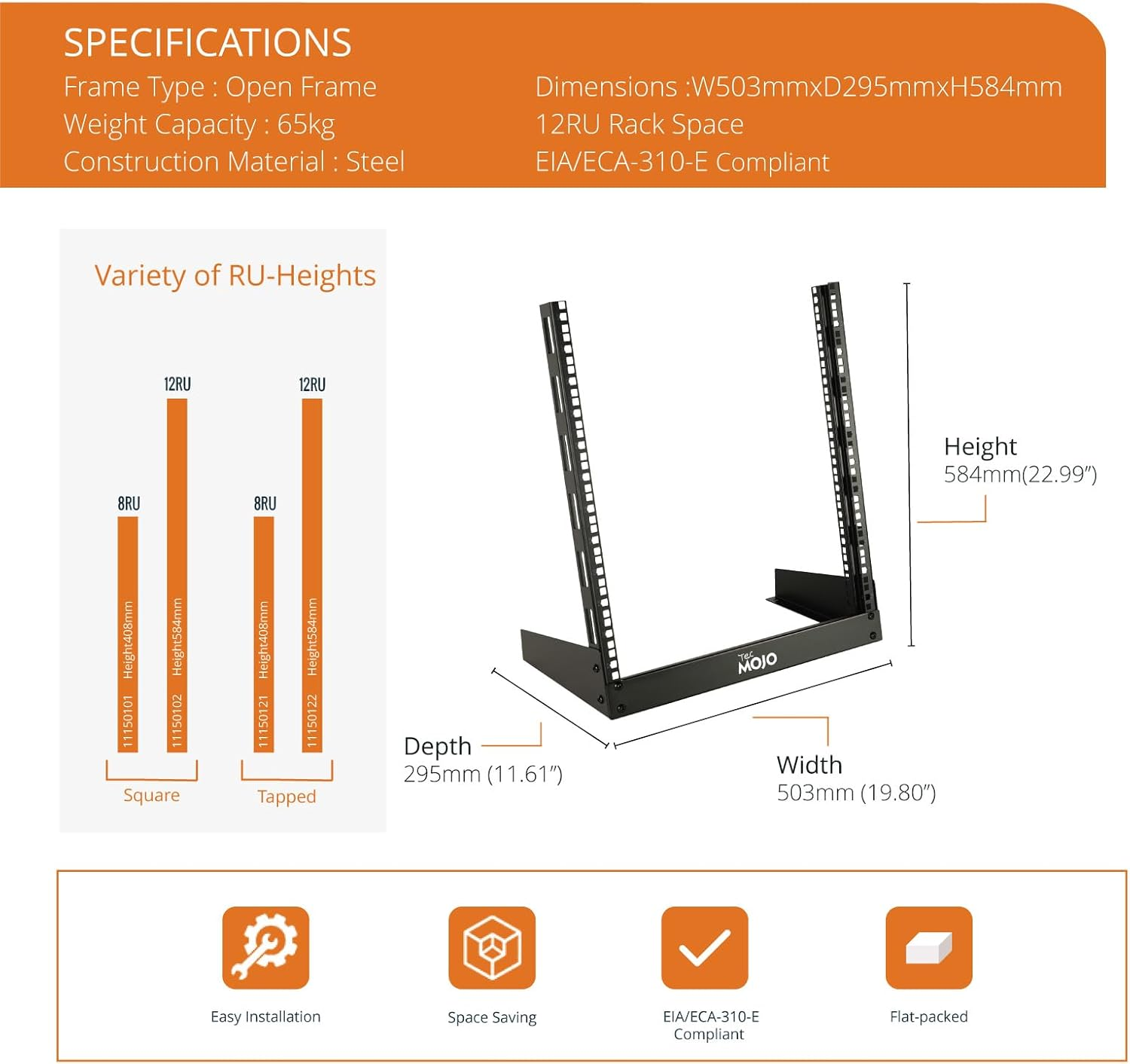 Tecmojo 12RU 19 Inches Desktop Open Frame Rack, 2 Post Network Rack with Square Holes, Compact Switch Depth for Patch Panel/Av/Computer Equipment image number 4