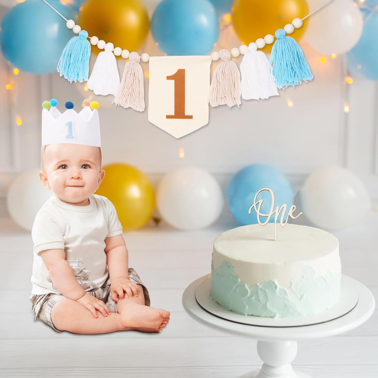 DJAPWPX 3 Pcs Baby First Birthday Party Decorations, Includes High Chair Banner Crown Hat and Cake Topper, Unique 1St Birthday Decorations for Baby Girls and Boys (Blue) - Blue+Pink image number 4