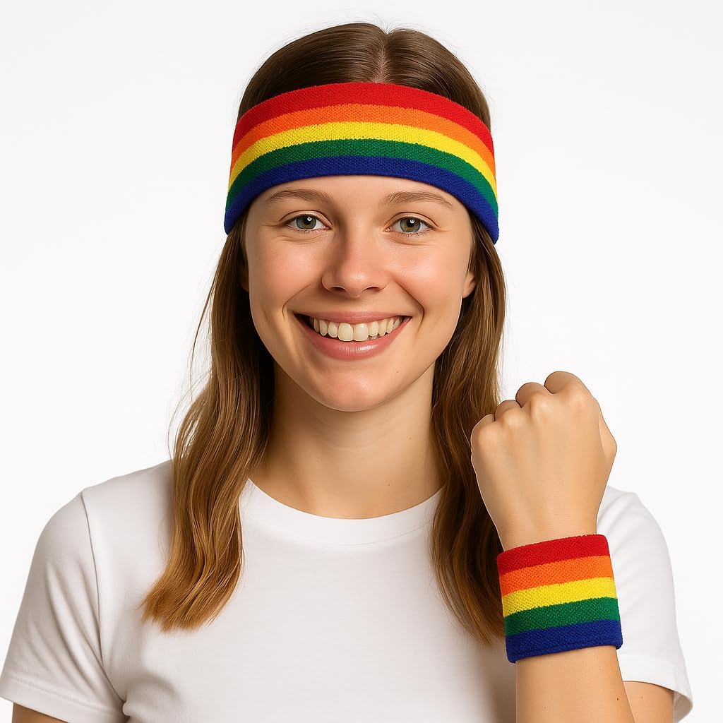 Rainbow Pride LGBTQ+ Wristband Set Unisex Stretch Armbands for Mardi Gras, Equality Marches, Parades & Festivals &ndash; Bold Rainbow Costume Accessory &ndash; 1, 3 & 5 Set Options Available image number 1