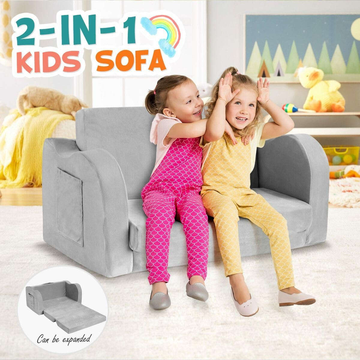Kids Sofa Fold Out Toddler Sofa Chairs Children'S 2 in 1 Convertible Sofa to Lounger Flip Open Toddler Couch Armrest Chair Bed for Boys Girls Grey image number 4