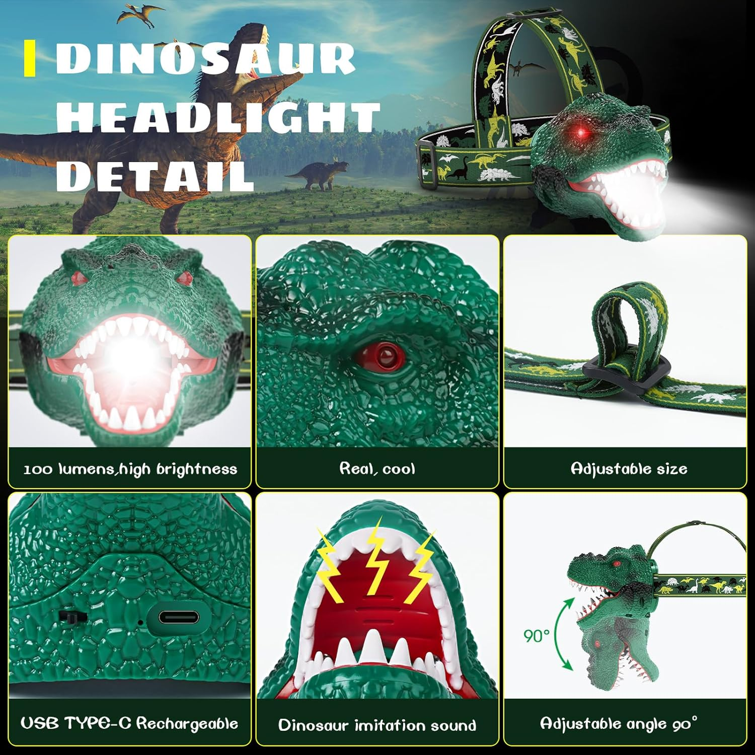 Dysaim Kids Headlamp, Rechargeable T-Rex Dinosaur Headlamp for Kids and LED Head Lamp Camping Gear Flashlight, Hiking Accessories Headlight Toys, Four Light Modes Suitable for Reading/Party Gift