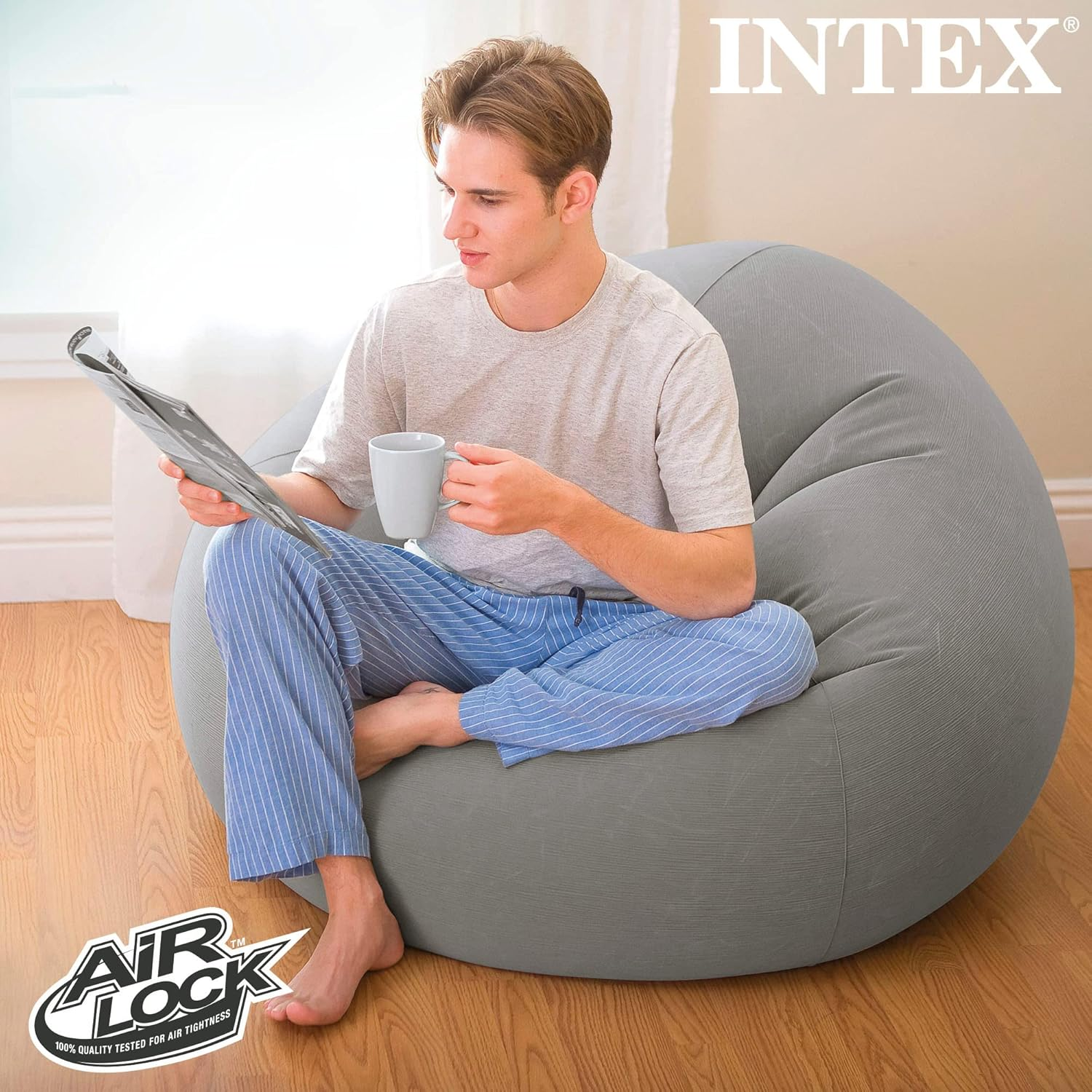 Intex 68579EP Beanless Bag Inflatable Lounge Chair: Corduroy Textured Flocking &ndash; Durable Vinyl &ndash; Folds Compactly &ndash; 220Lb Weight Capacity &ndash; 45" X 45" X 28" image number 3