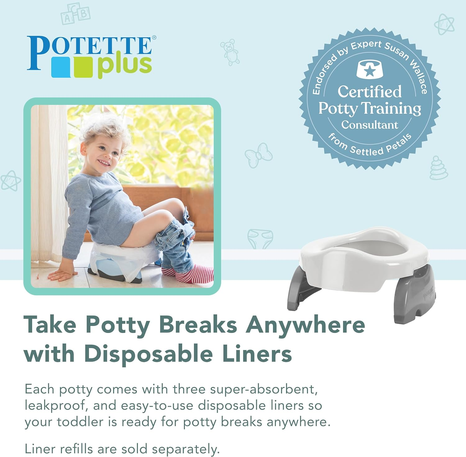 Kalencom Potette plus 2-In-1 Travel Potty and Trainer Seat - Dual-Purpose Potty Training Toilet Seat - Portable Potty for Toddler Travel - with Durable, Lock-In Legs and Splash Guard - White/Gray image number 4