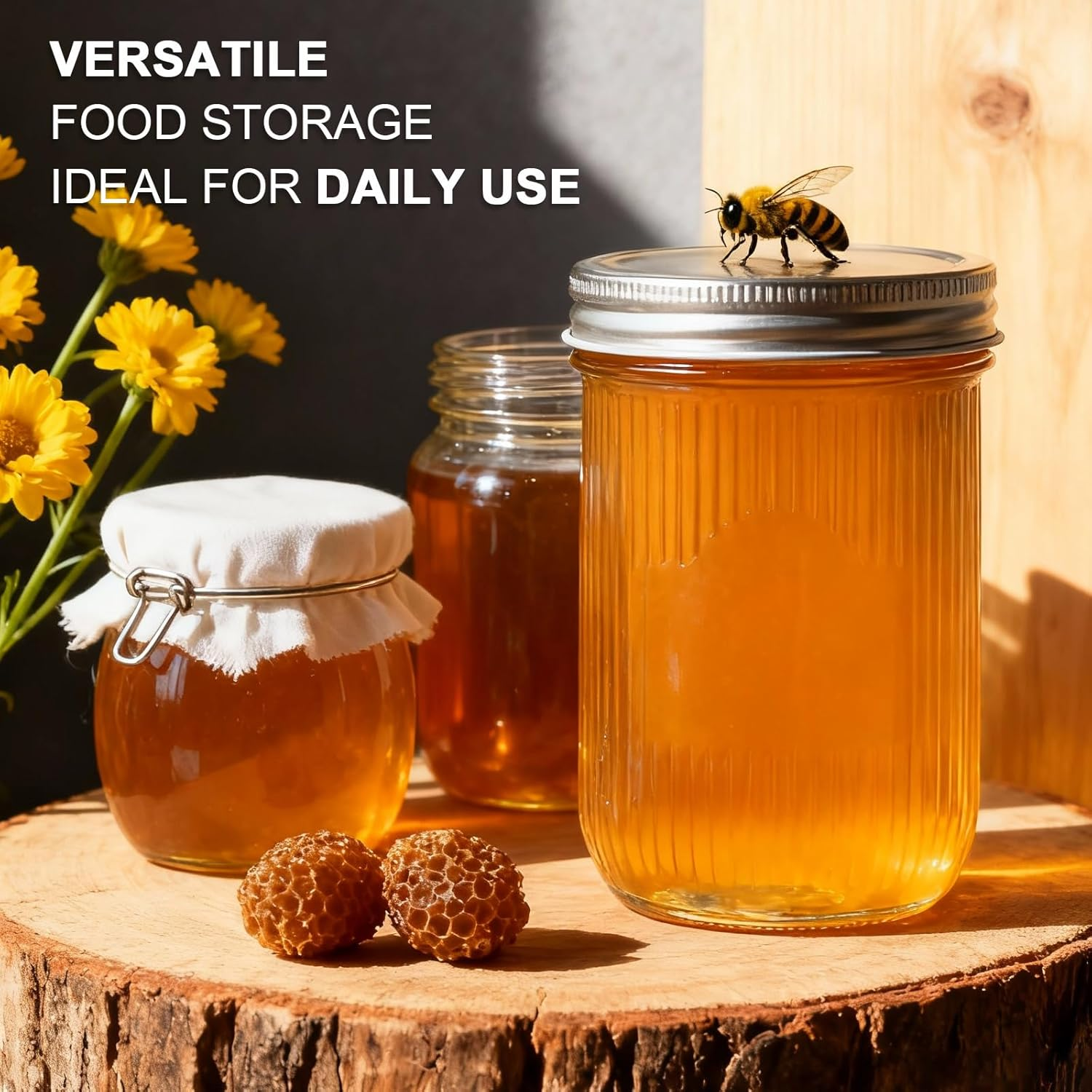 Acetiti 500Ml/17 Oz Glass Mason Jars with Silver Metal Lids, Set of 5 Vintage Wide Mouth Canning Jars with Labels for Overnight Oats, Food Storage, Jam, Honey, Pickling (500Ml-Vertical Stripes) image number 4