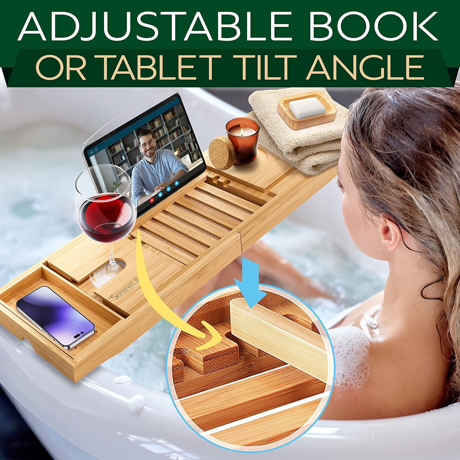 Serenelife Bamboo Bathtub Caddy Tray &ndash; Expandable, Adjustable Bath Shelf with Book/Tablet Holder & Removable Accessory Trays (Natural Finish) image number 6