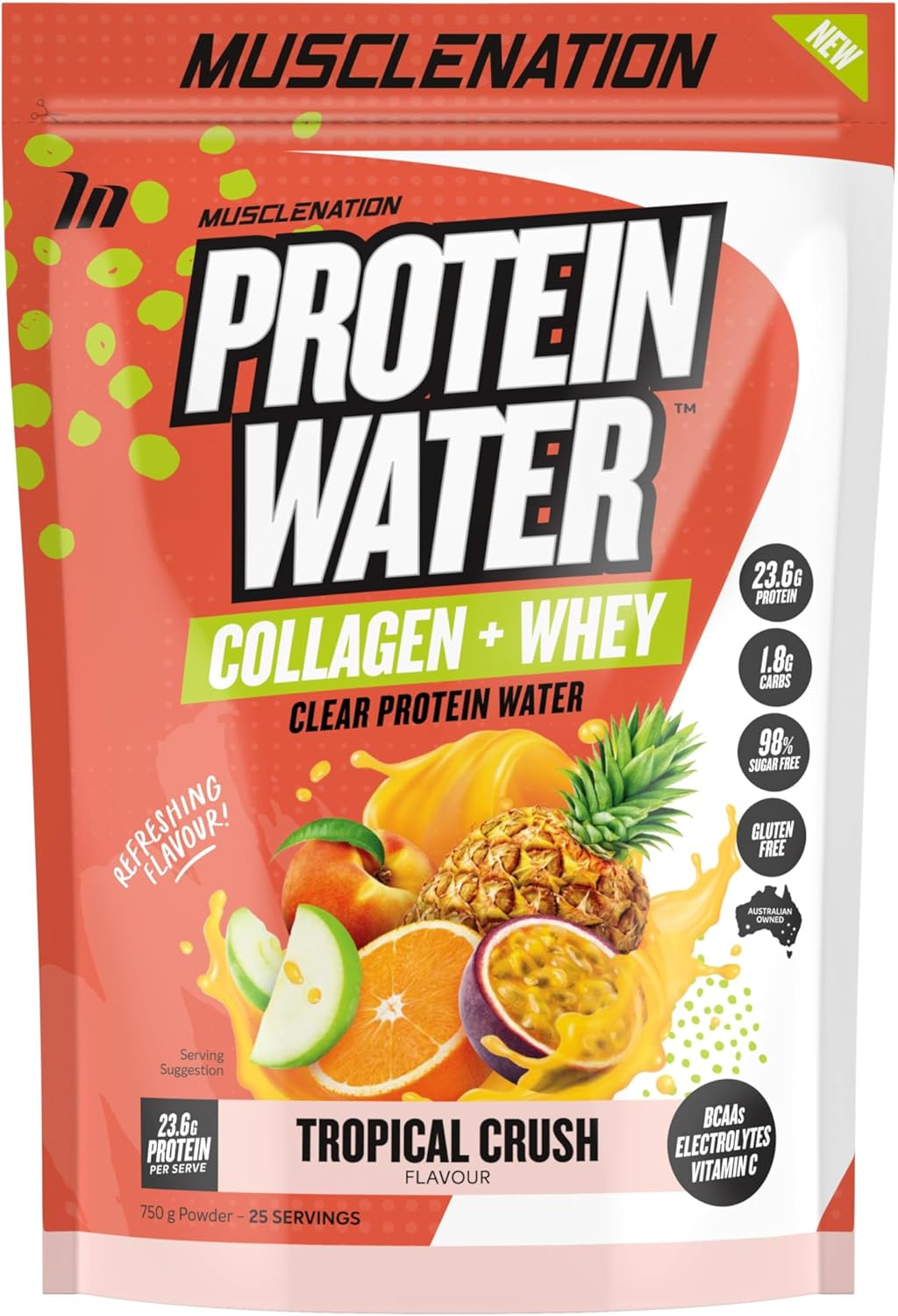 Muscle Nation - Tropical Crush Protein Water, with a Protein Blend of Collagen and Whey Protein Isolate, plus Electrolytes, a Refreshing Way to Support Muscle Recovery & Hydration 750G Powder (25 Serves)